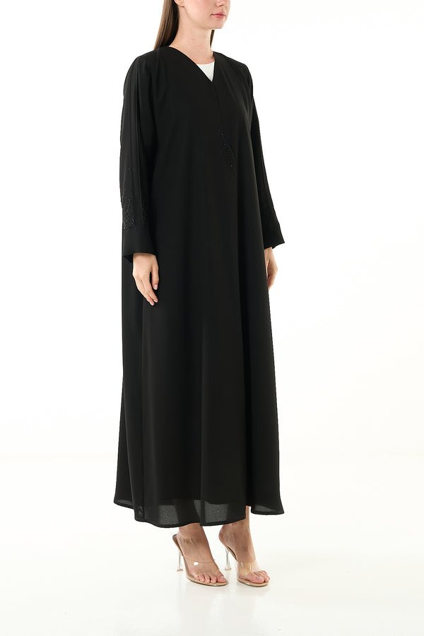 Black Claire Crepe Abaya with Klosh Cut and Minimal Beadwork