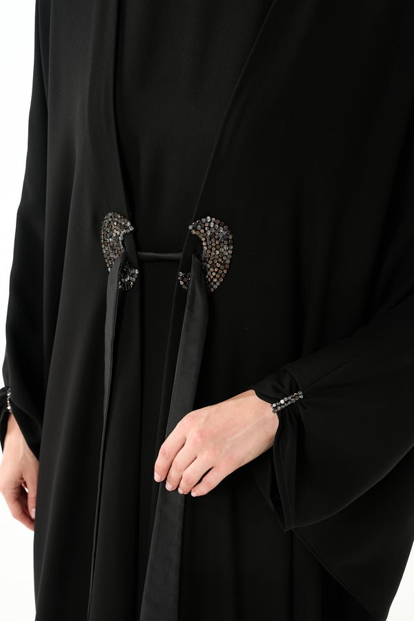 Black Claire Crepe Abaya with Gathered Front Panels and Crystal Bead Detail