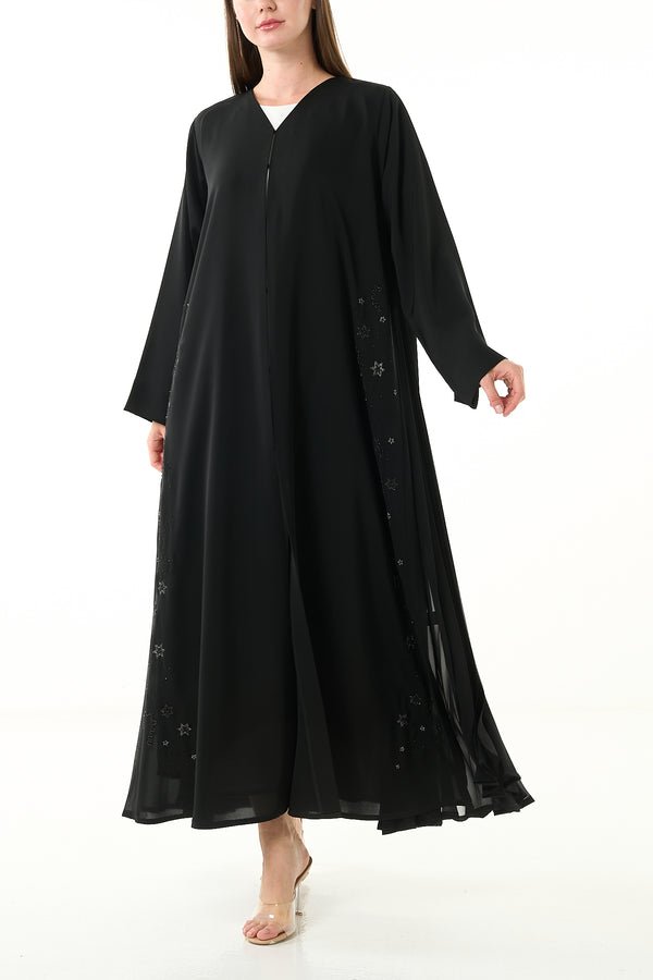 Black Royal Nada Abaya with Beadwork and Side Pleated Chiffon