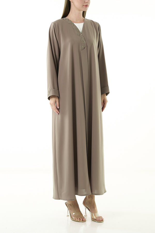 Beige Nova Crepe Abaya with Klosh Cut and Front Embroidery Detail