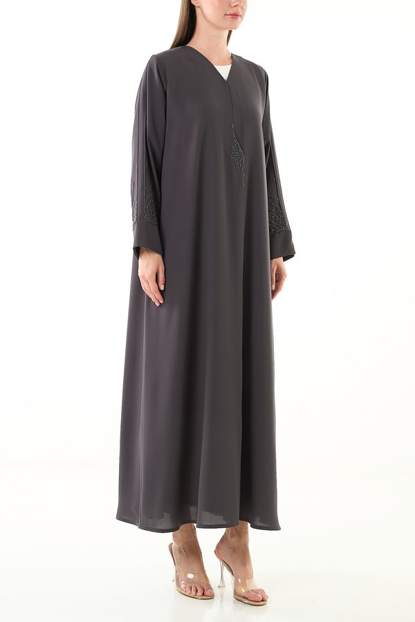 Grey Claire Crepe Abaya with Klosh Cut and Minimal Beadwork