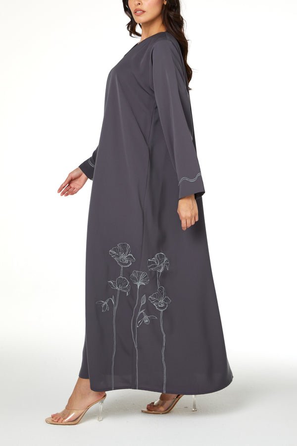 Grey Lio Crepe Abaya with Embroidered Detail