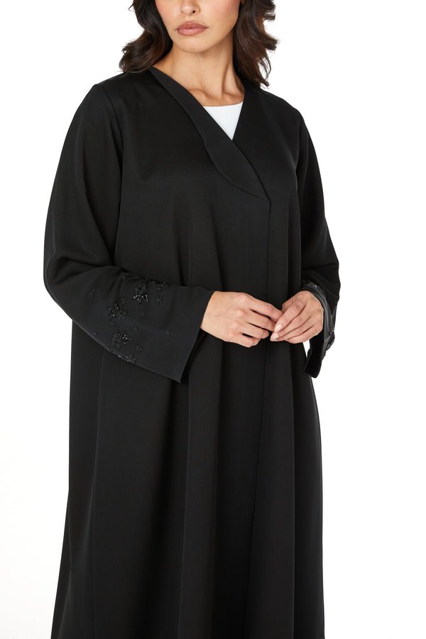 Black Emarati Crepe Abaya with Sleeve Beadwork Detail