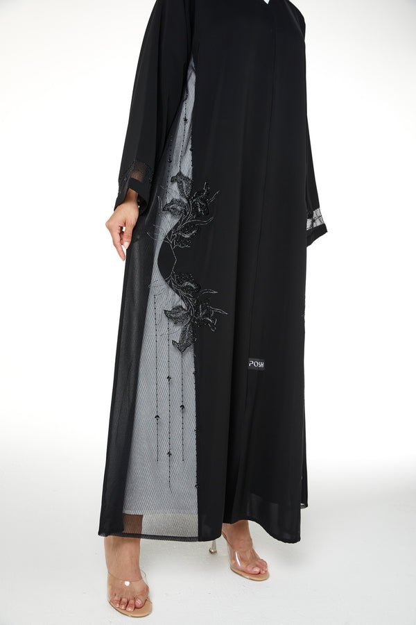 Black Royal Nada Abaya with Side Panel Beadwork Detail
