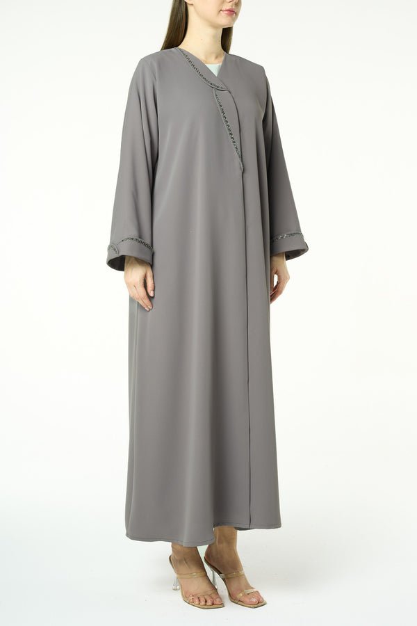 Beige Aroma Crepe Abaya with Beaded Trim Detailing