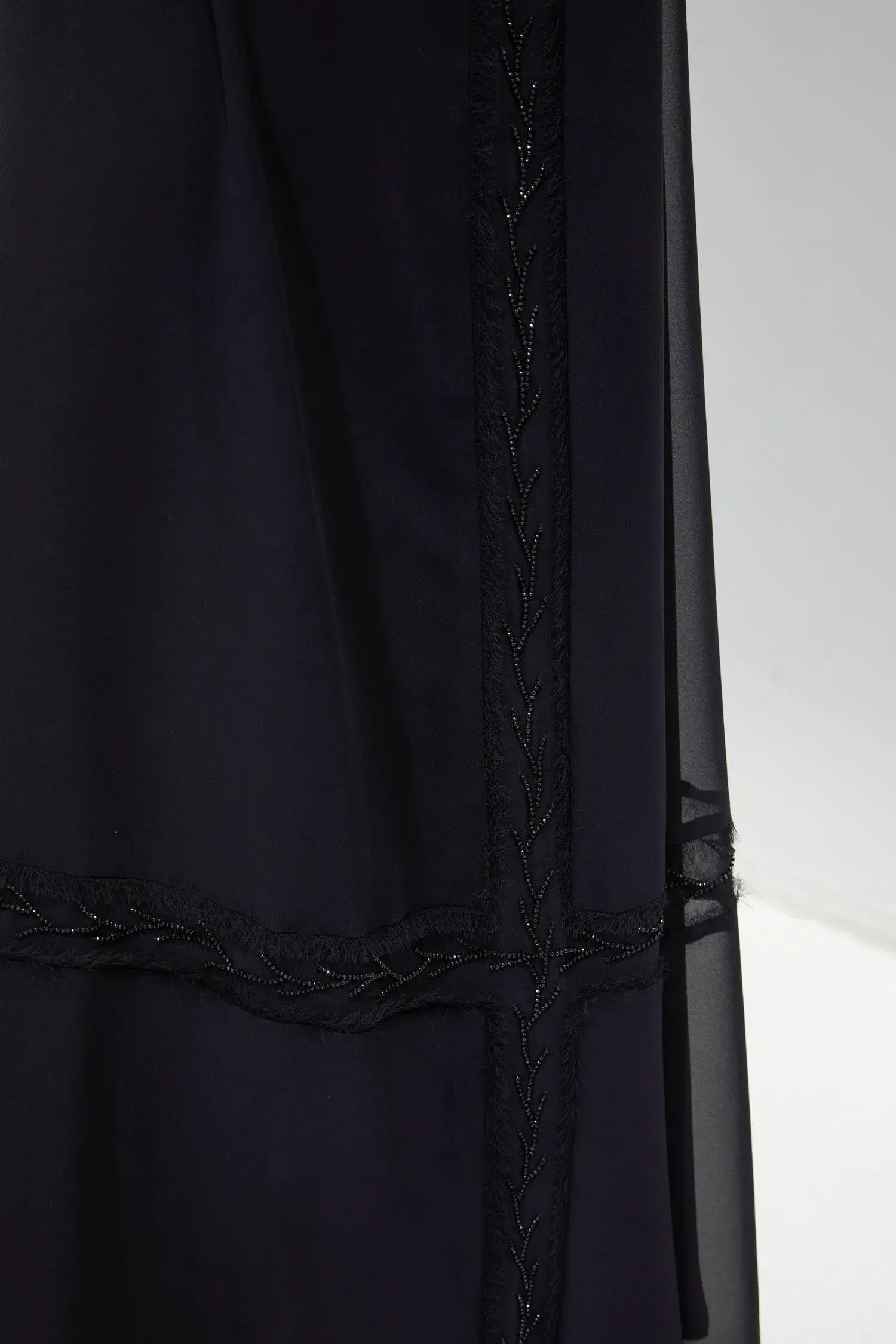 Black Chiffon Flared Custom Abaya with Front Cut and Beadwork