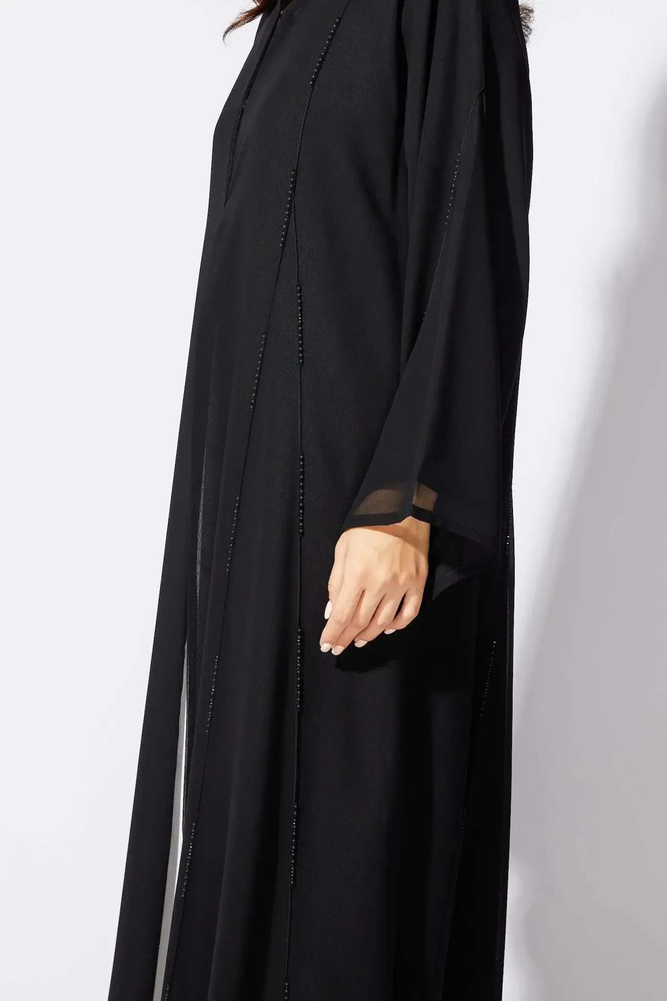 Black Chiffon Flared Custom Abaya with Beaded Pintux