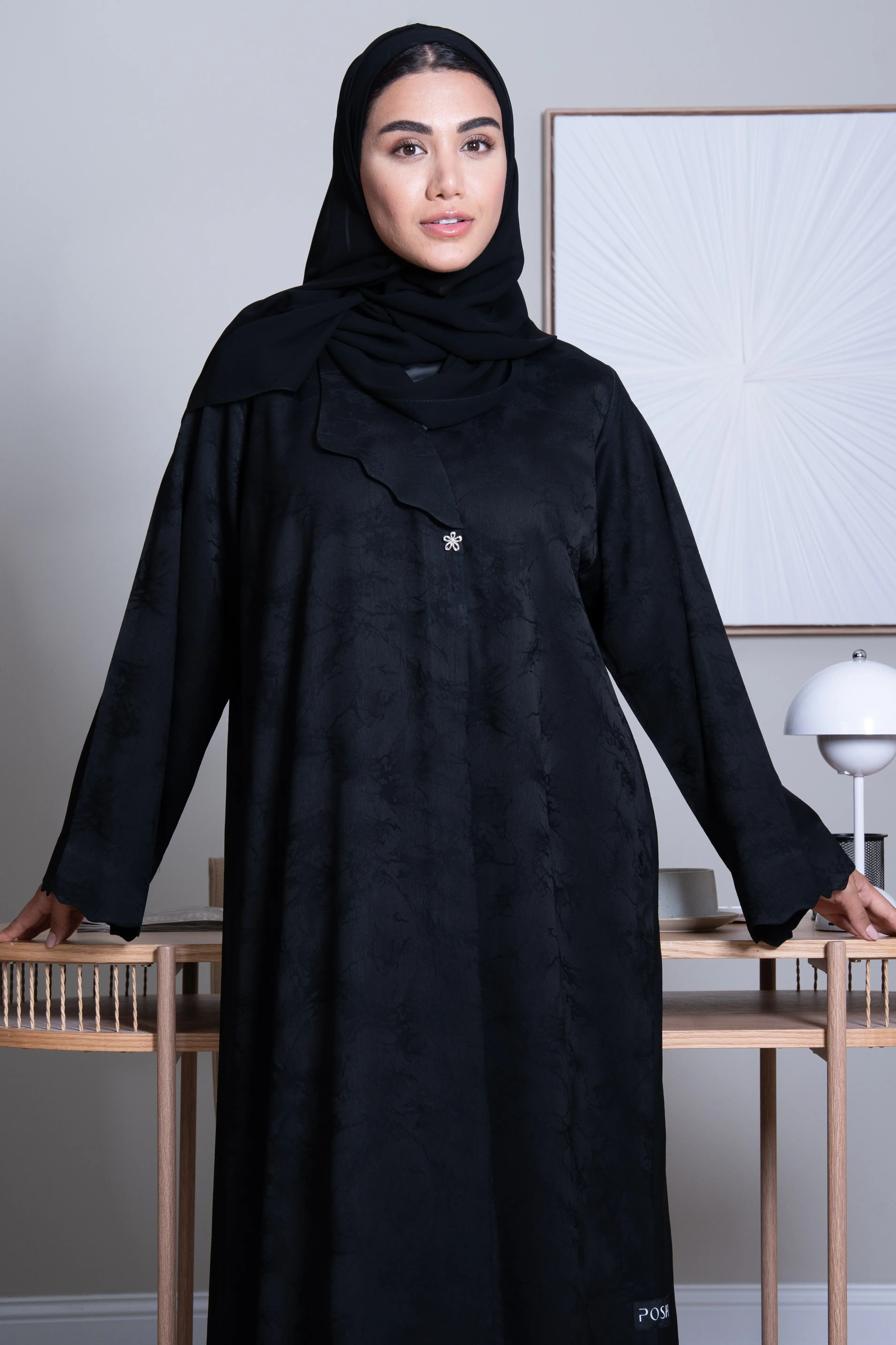 Black Jamaica Jacquard Abaya with V-Neck Collar