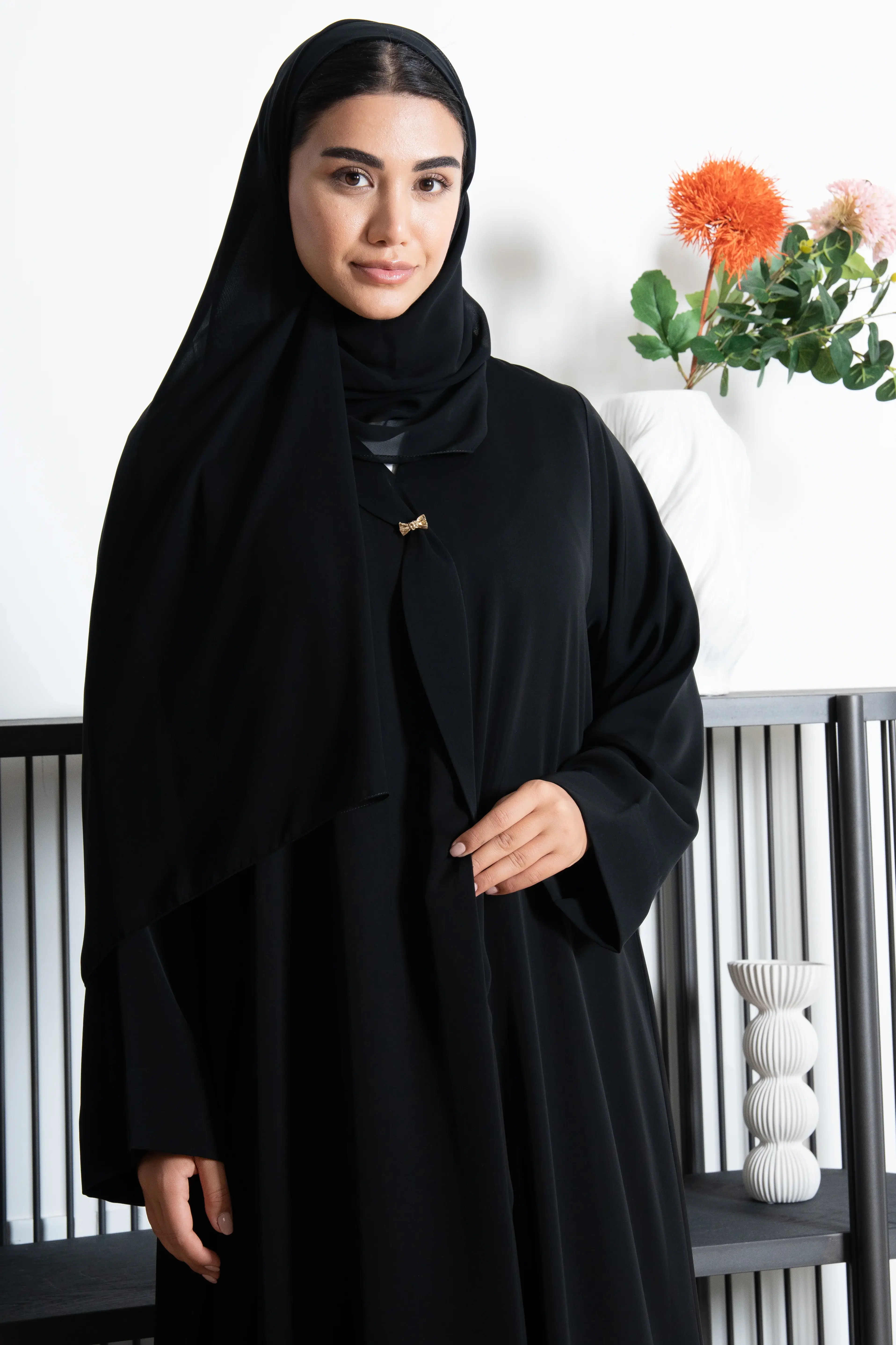 Black Nada Abaya with Golden Accent Button