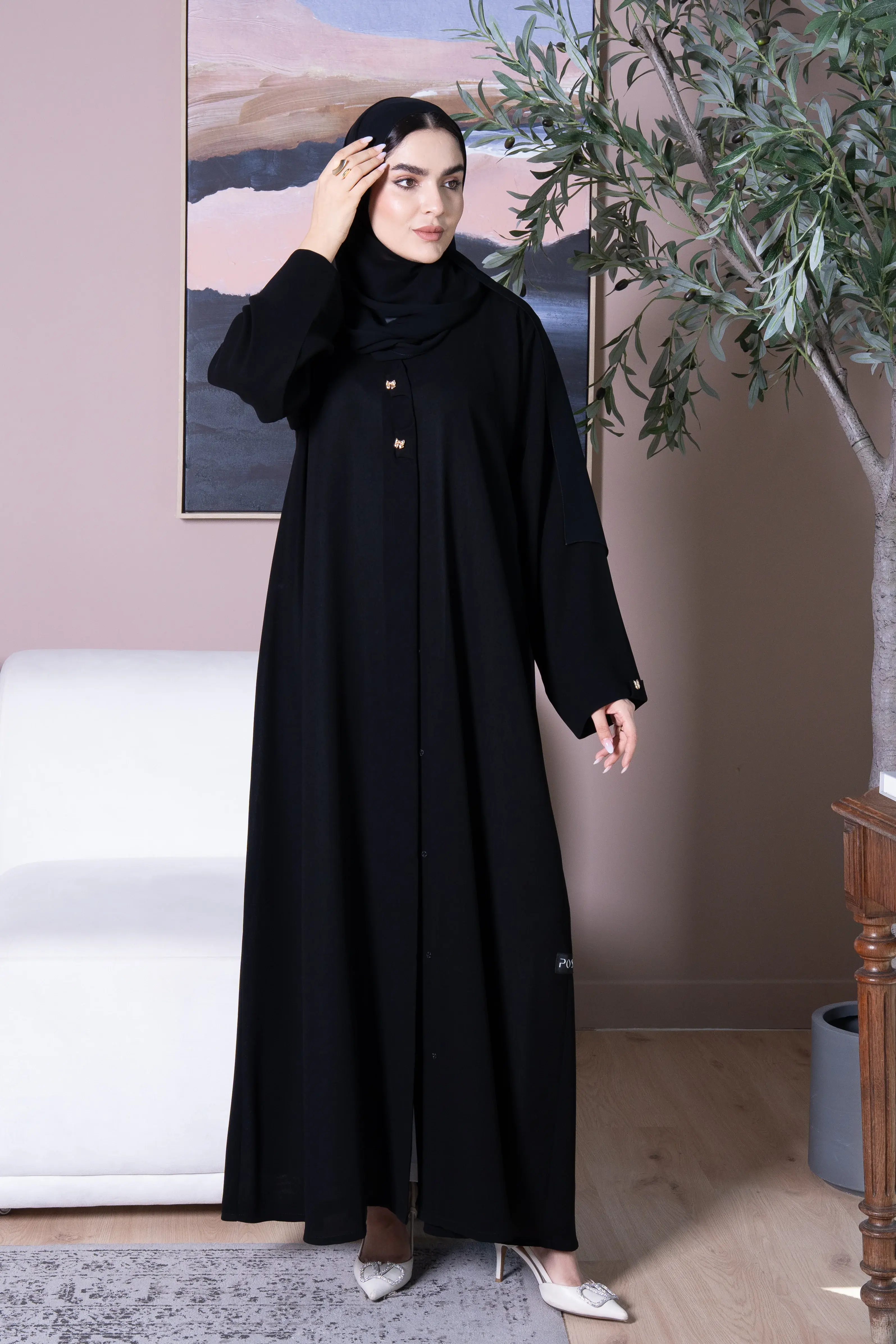 Black Shafa Crepe Abaya with Golden Bow Buttons