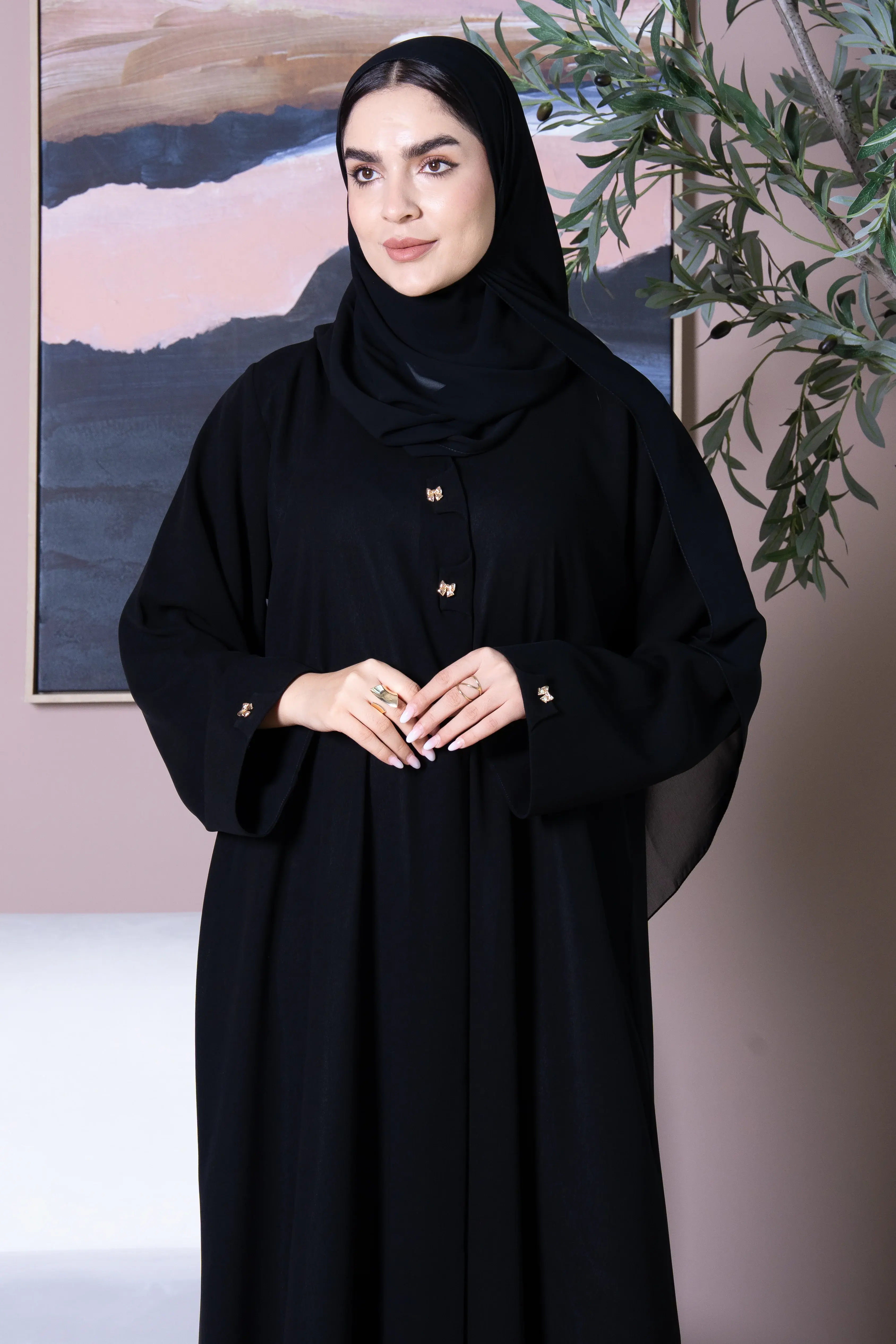 Black Shafa Crepe Abaya with Golden Bow Buttons