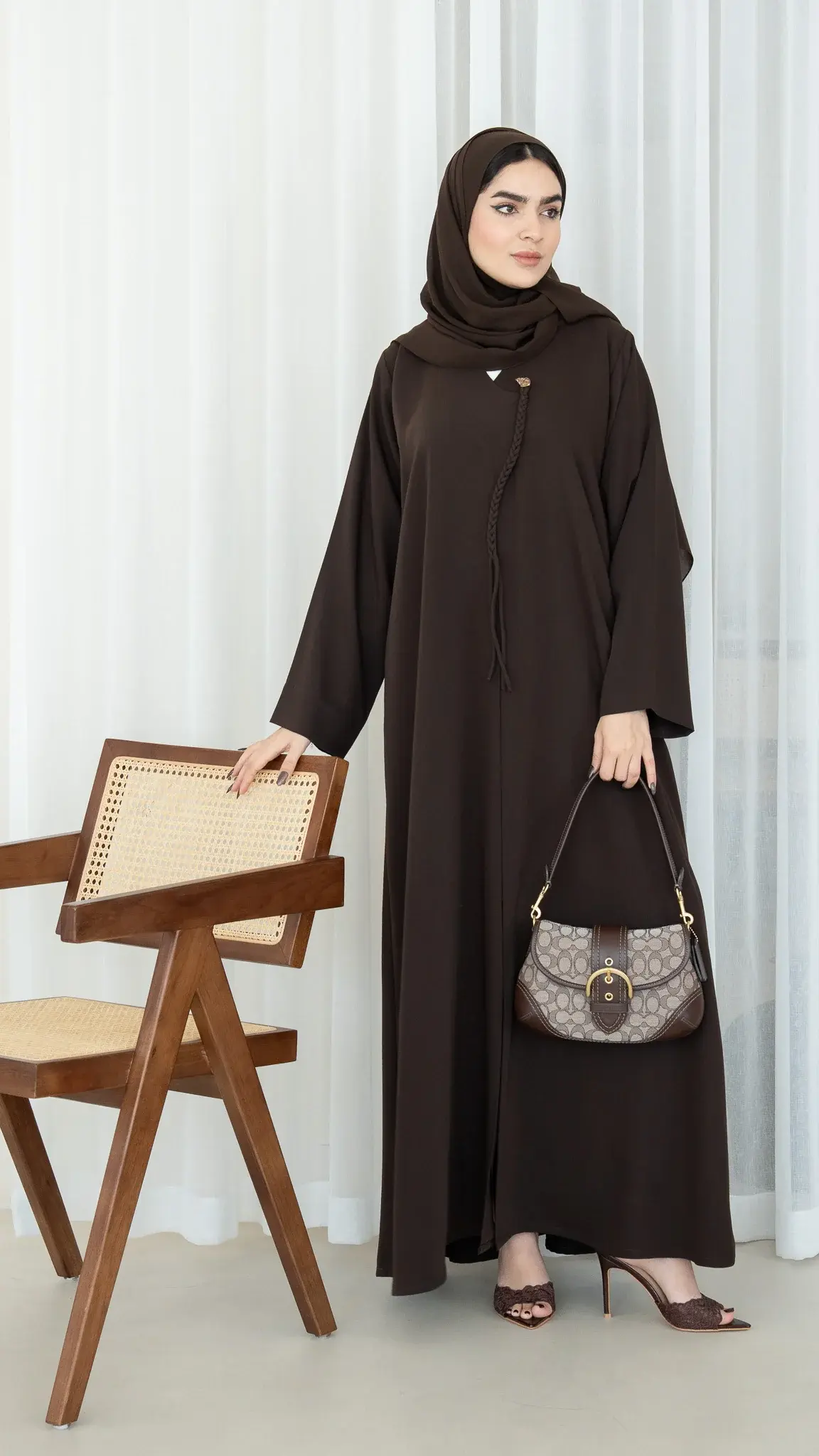 Brown Zoe Crepe Abaya with Braided Dori and Button Accent