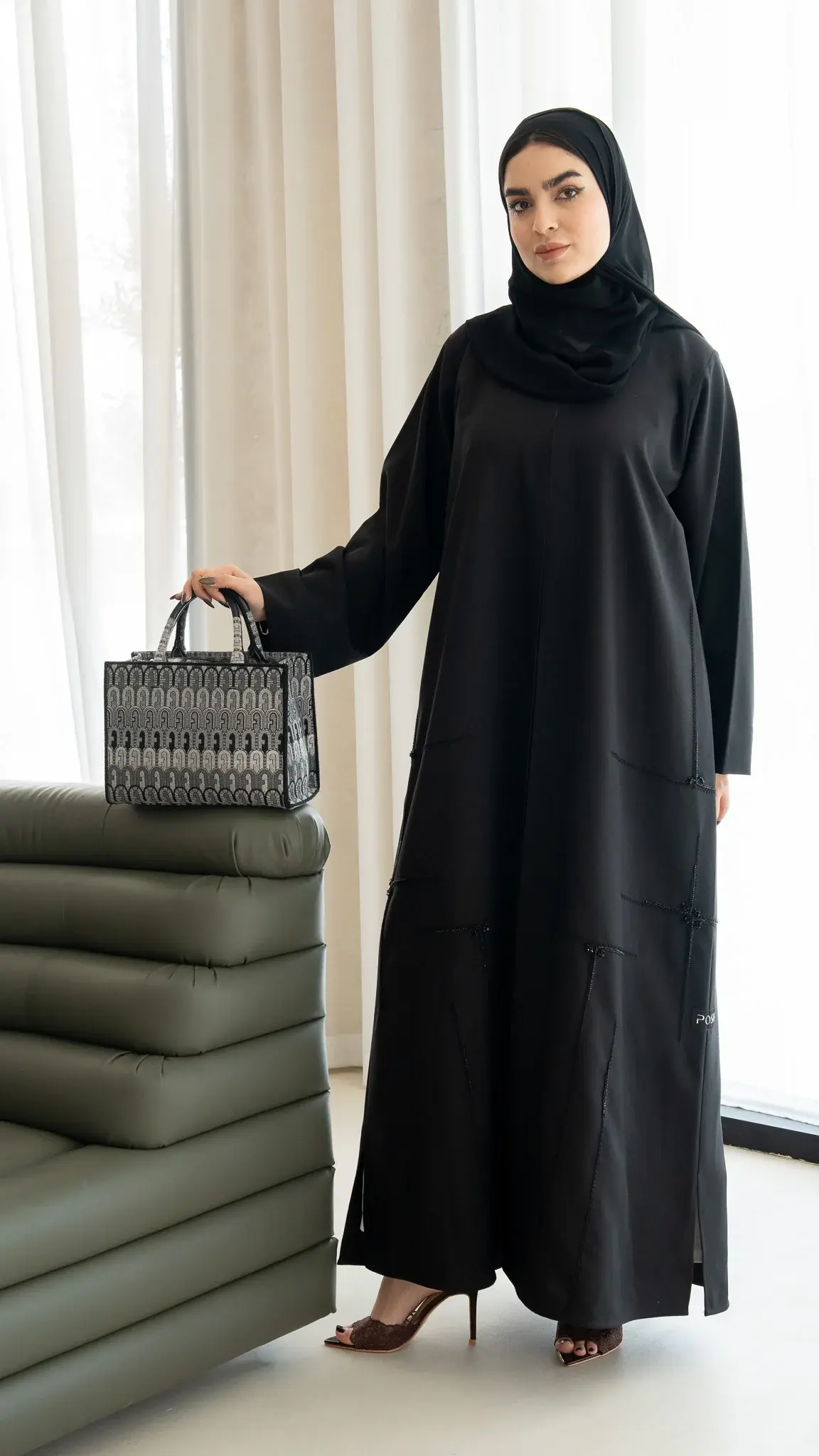 Black Kadi Abaya with Cross Bead Embroidery