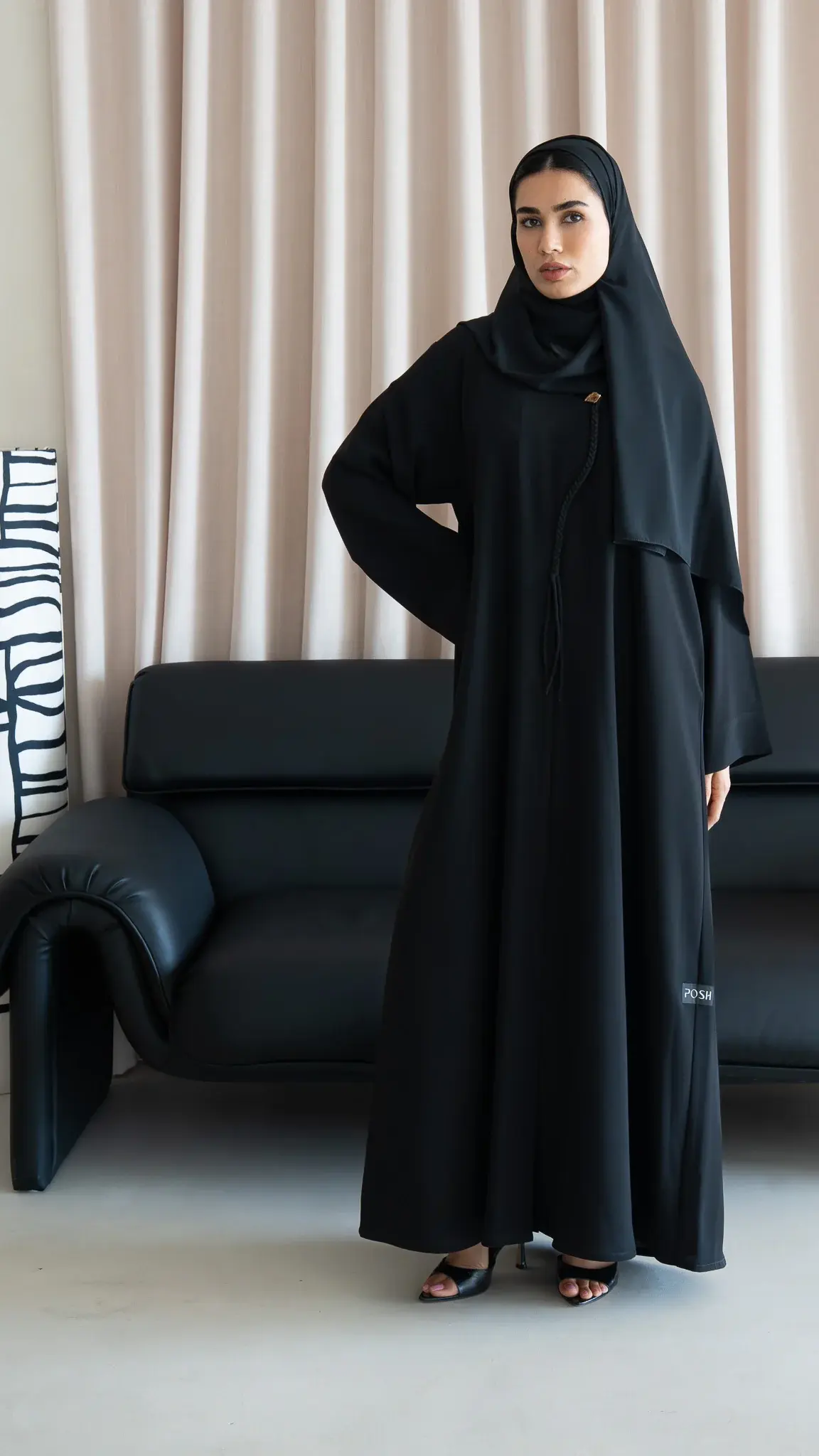Black Jaime Crepe Abaya with Braided Dori and Button Accent