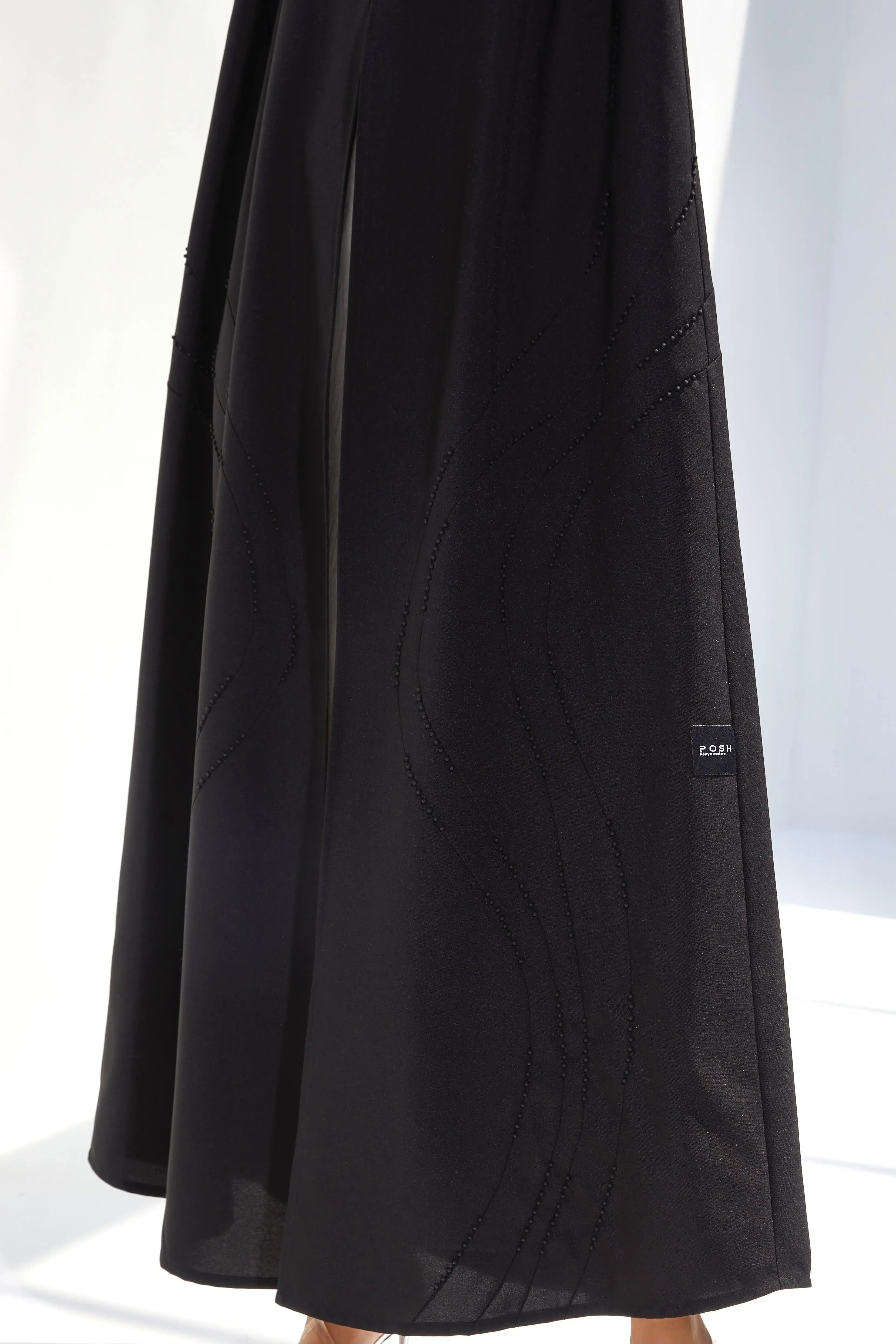 Black Crepe Custom Abaya with Front Modest Lines Beadwork