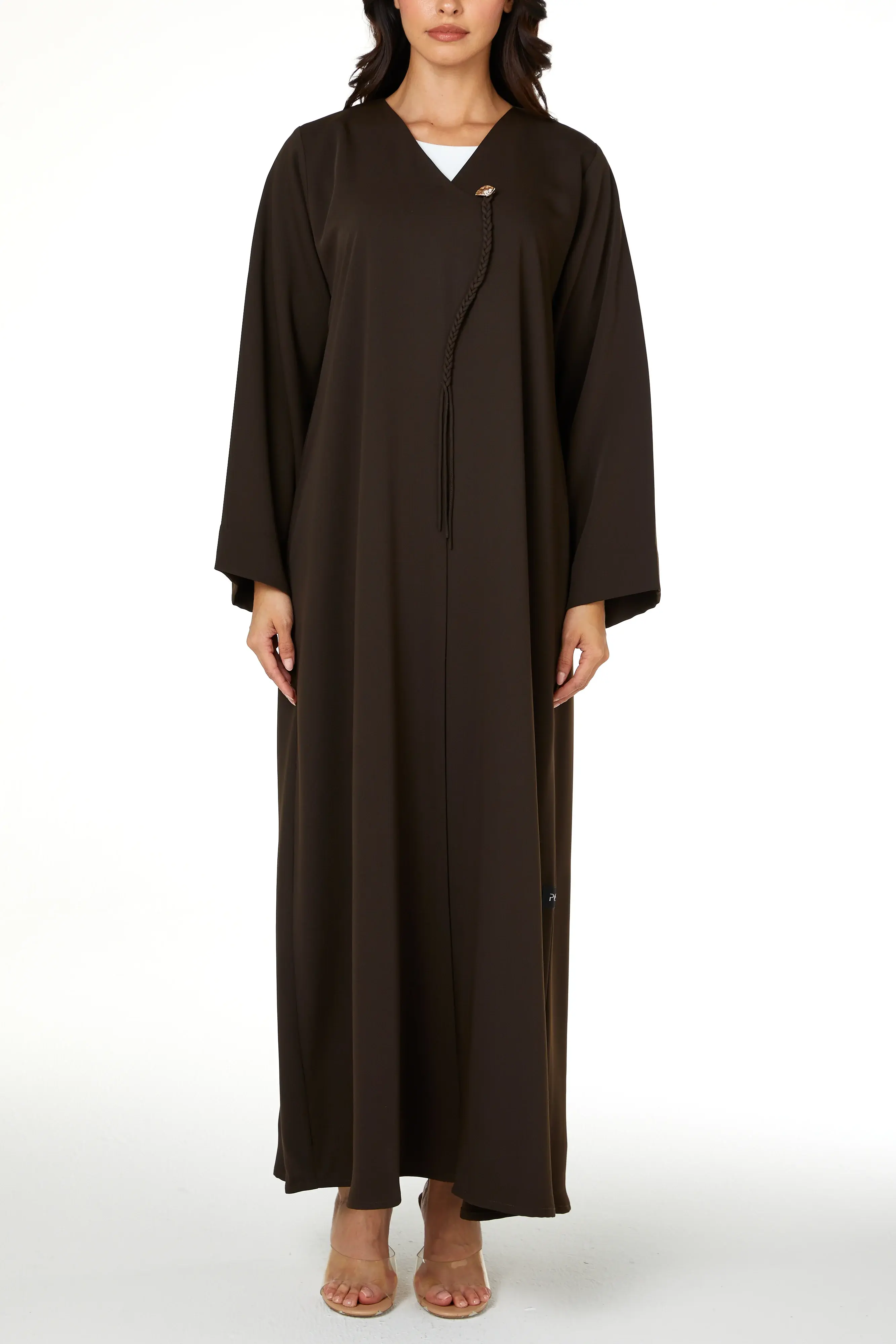 Brown Zoe Crepe Abaya with Braided Dori and Button Accent