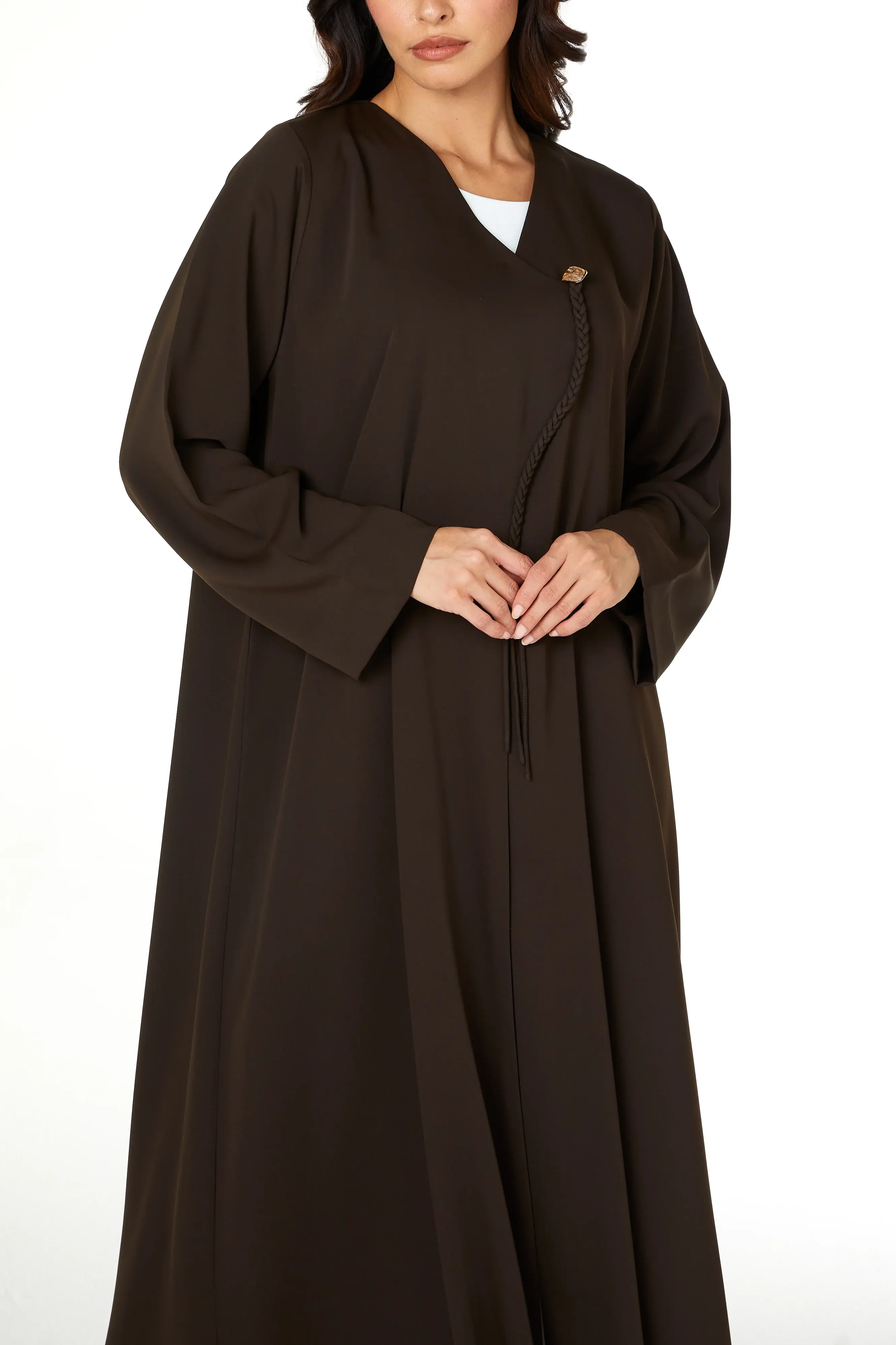 Brown Zoe Crepe Abaya with Braided Dori and Button Accent