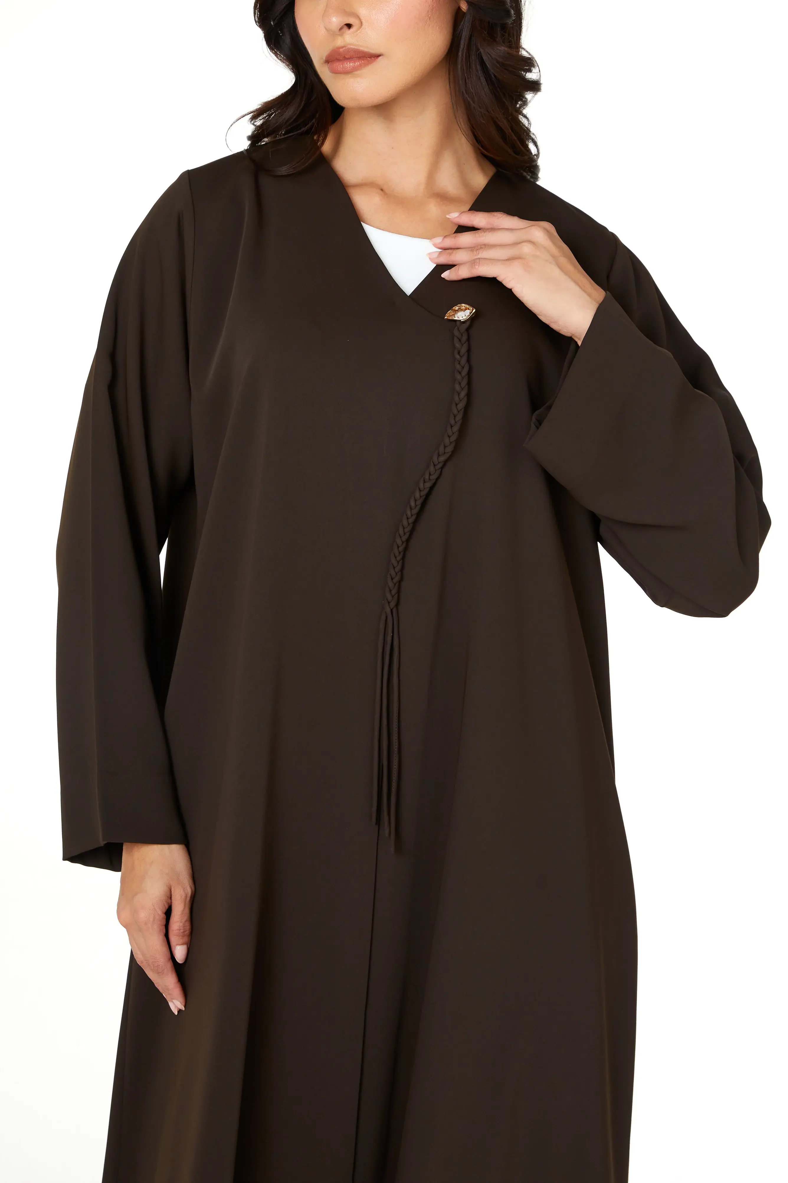 Brown Zoe Crepe Abaya with Braided Dori and Button Accent