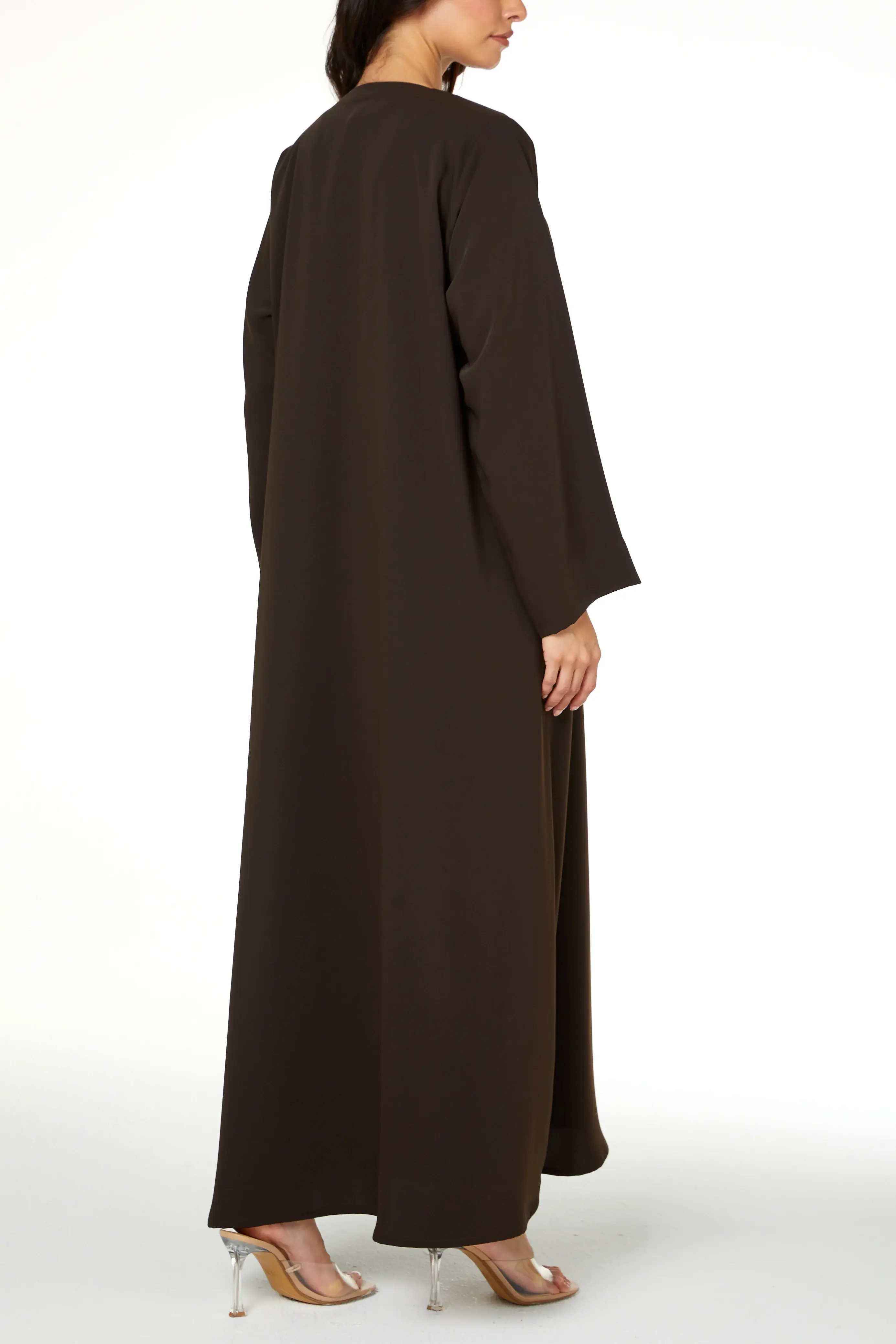 Brown Zoe Crepe Abaya with Braided Dori and Button Accent