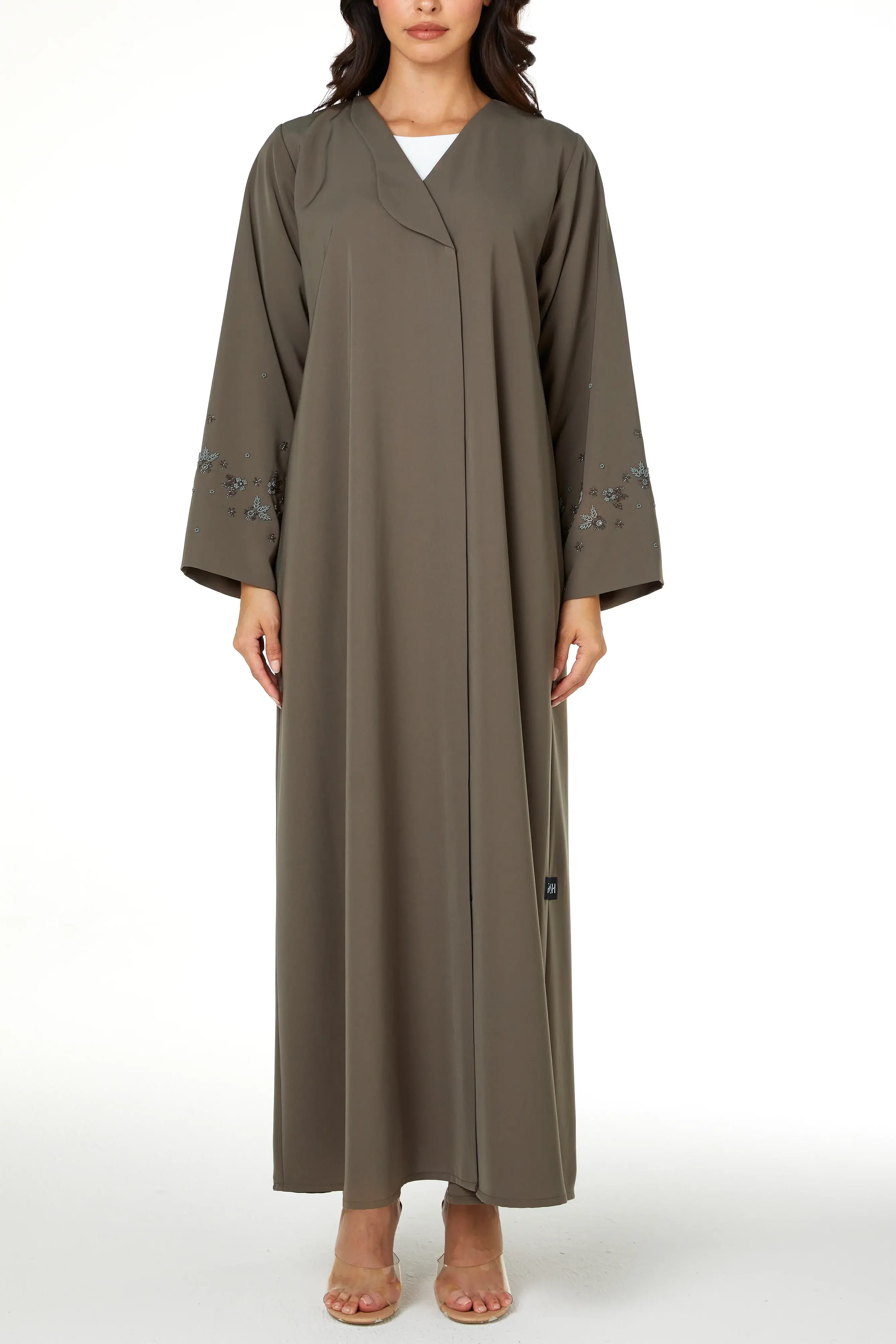 Green Lio Crepe Abaya with Sleeve Beadwork Detail