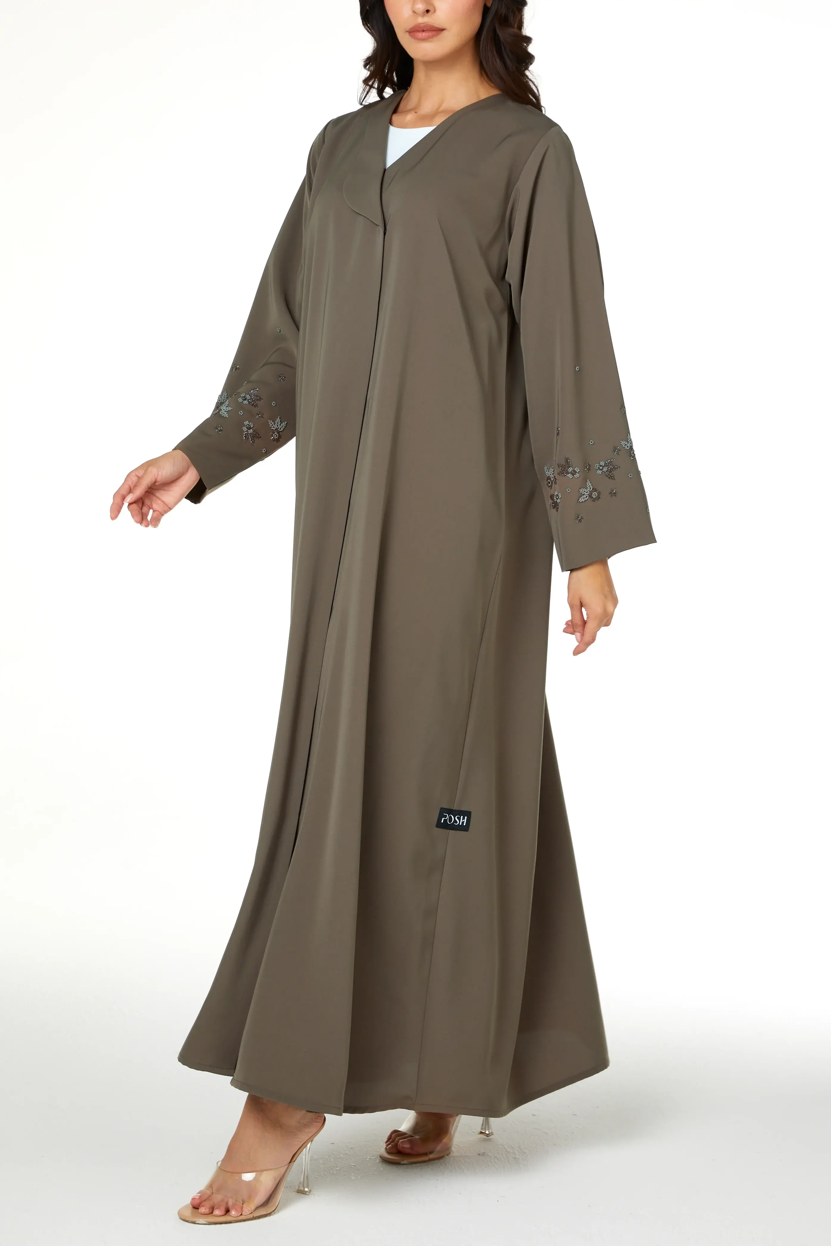 Green Lio Crepe Abaya with Sleeve Beadwork Detail