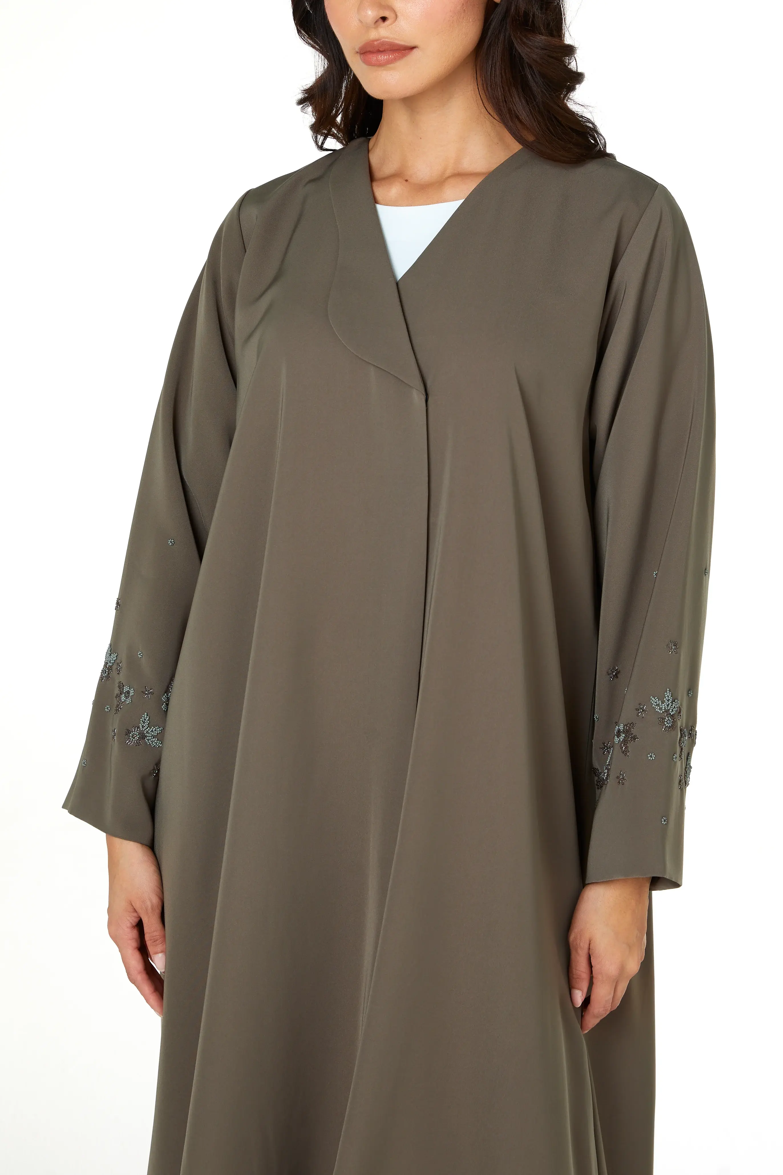 Green Lio Crepe Abaya with Sleeve Beadwork Detail