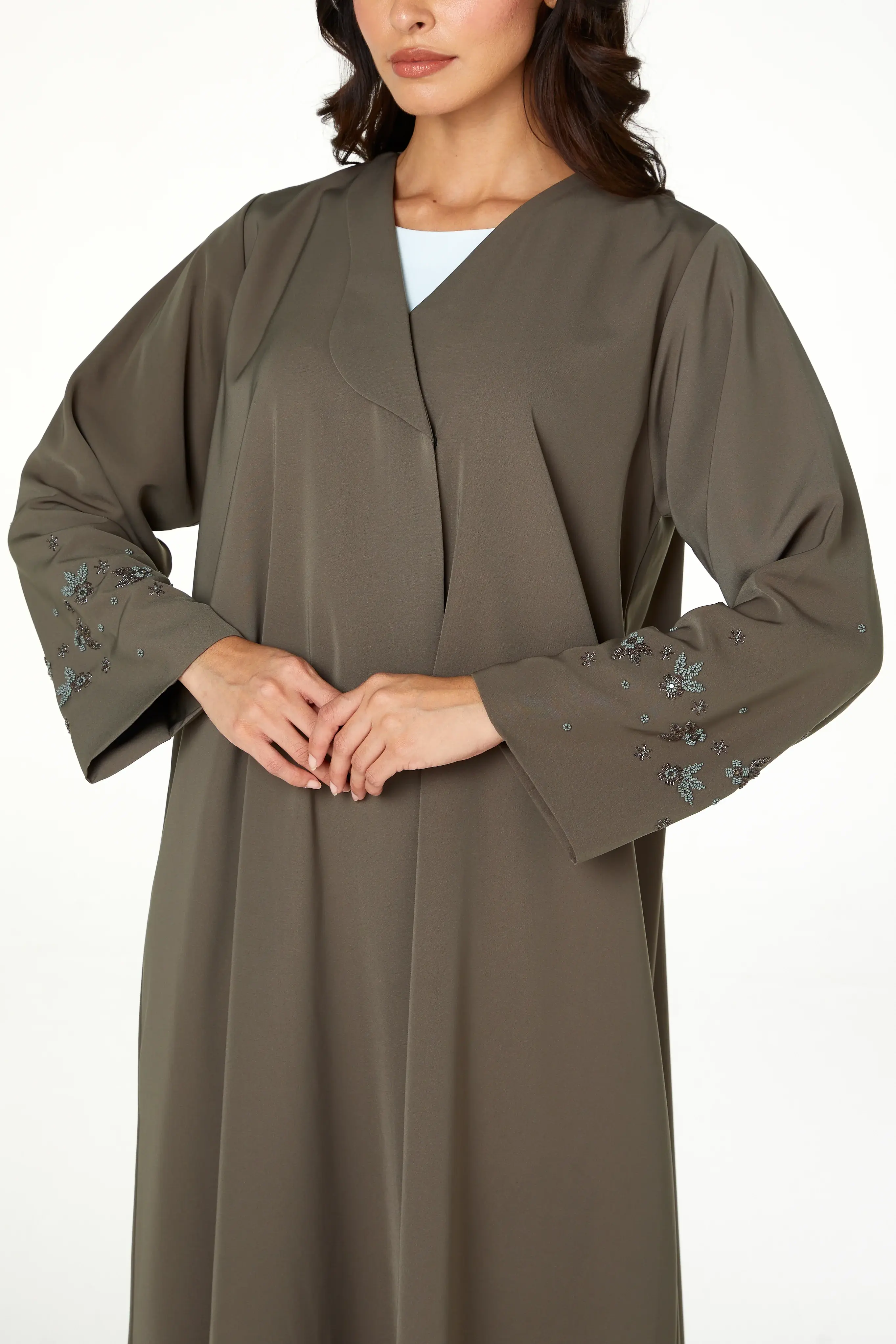 Green Lio Crepe Abaya with Sleeve Beadwork Detail
