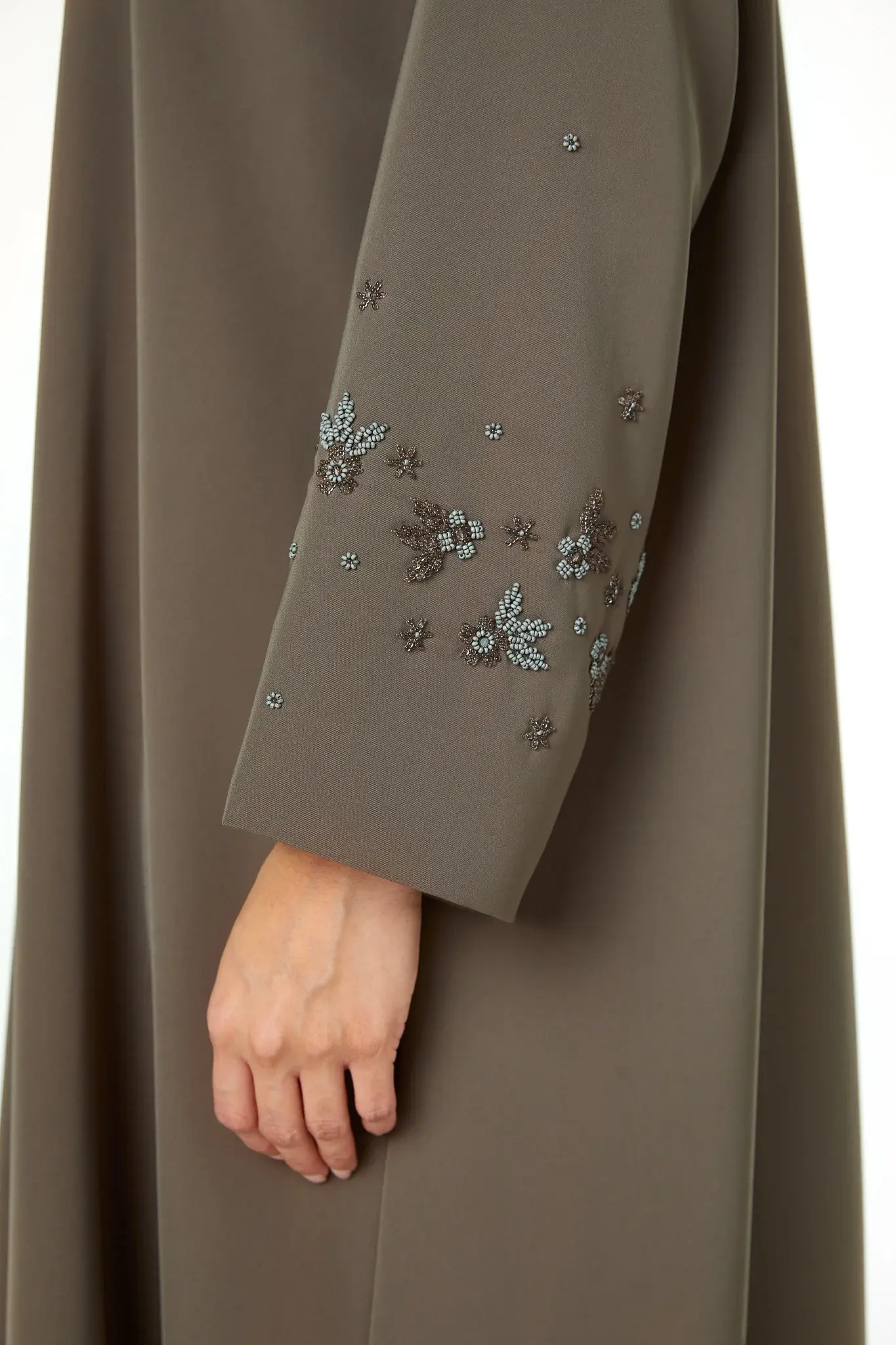 Green Lio Crepe Abaya with Sleeve Beadwork Detail