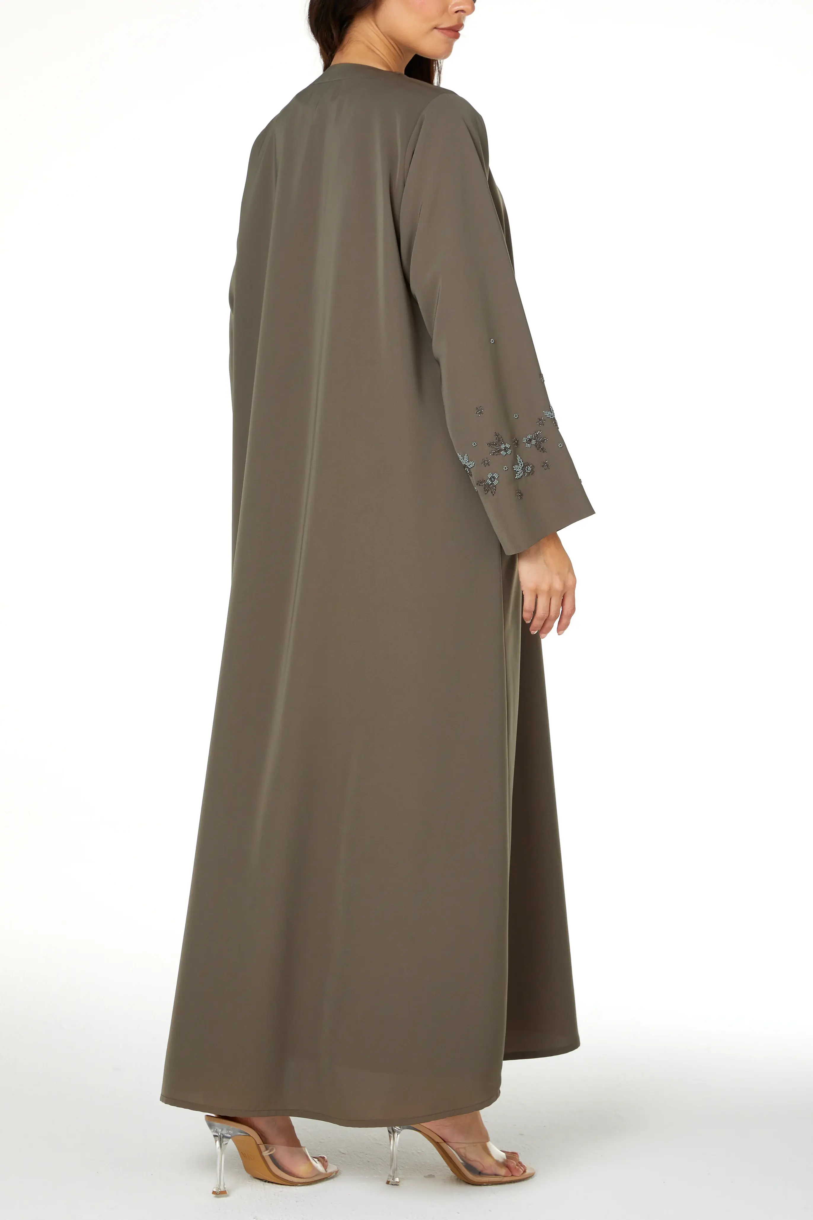 Green Lio Crepe Abaya with Sleeve Beadwork Detail