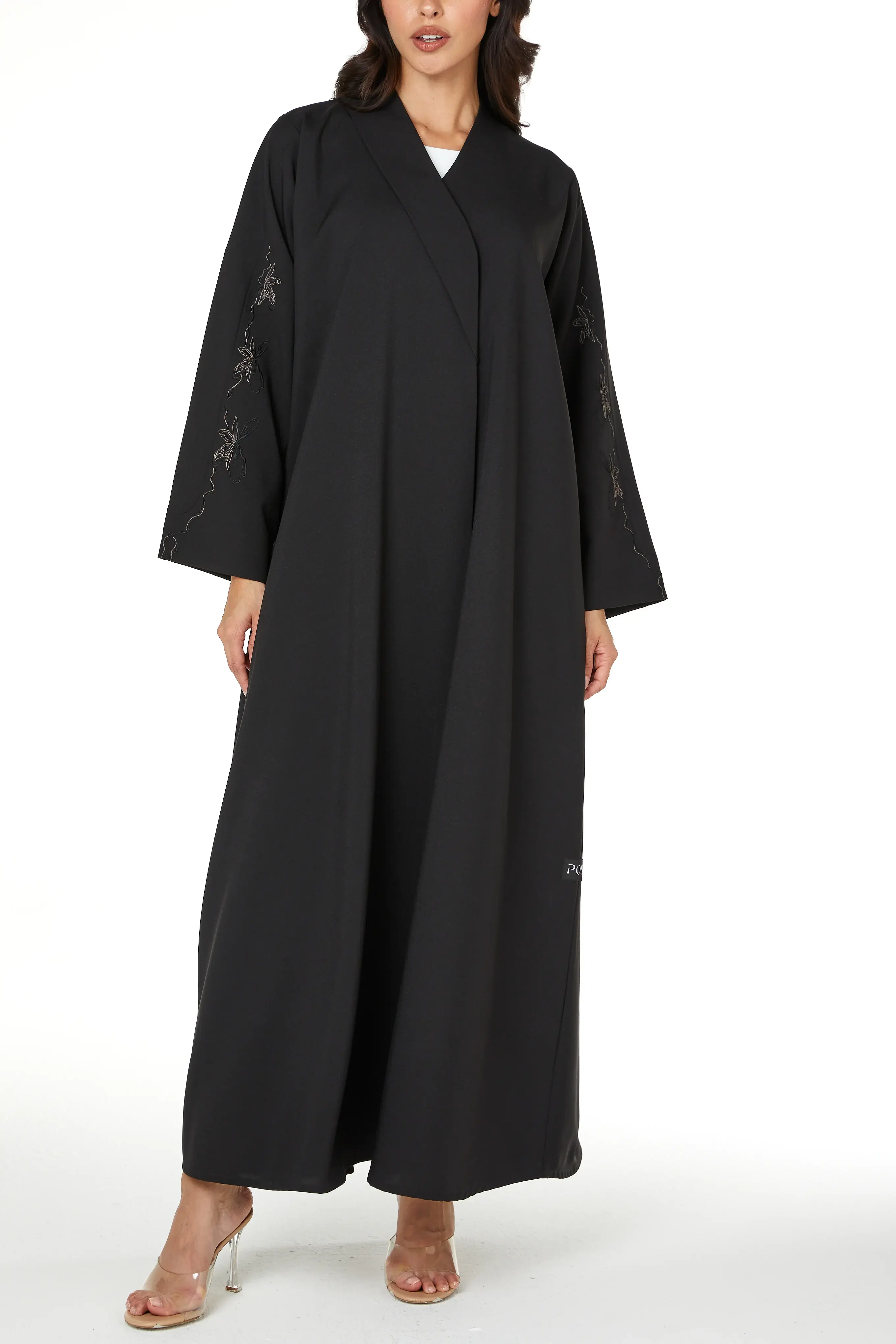 Black Kadi Abaya with Sleeve Embroidery Detail
