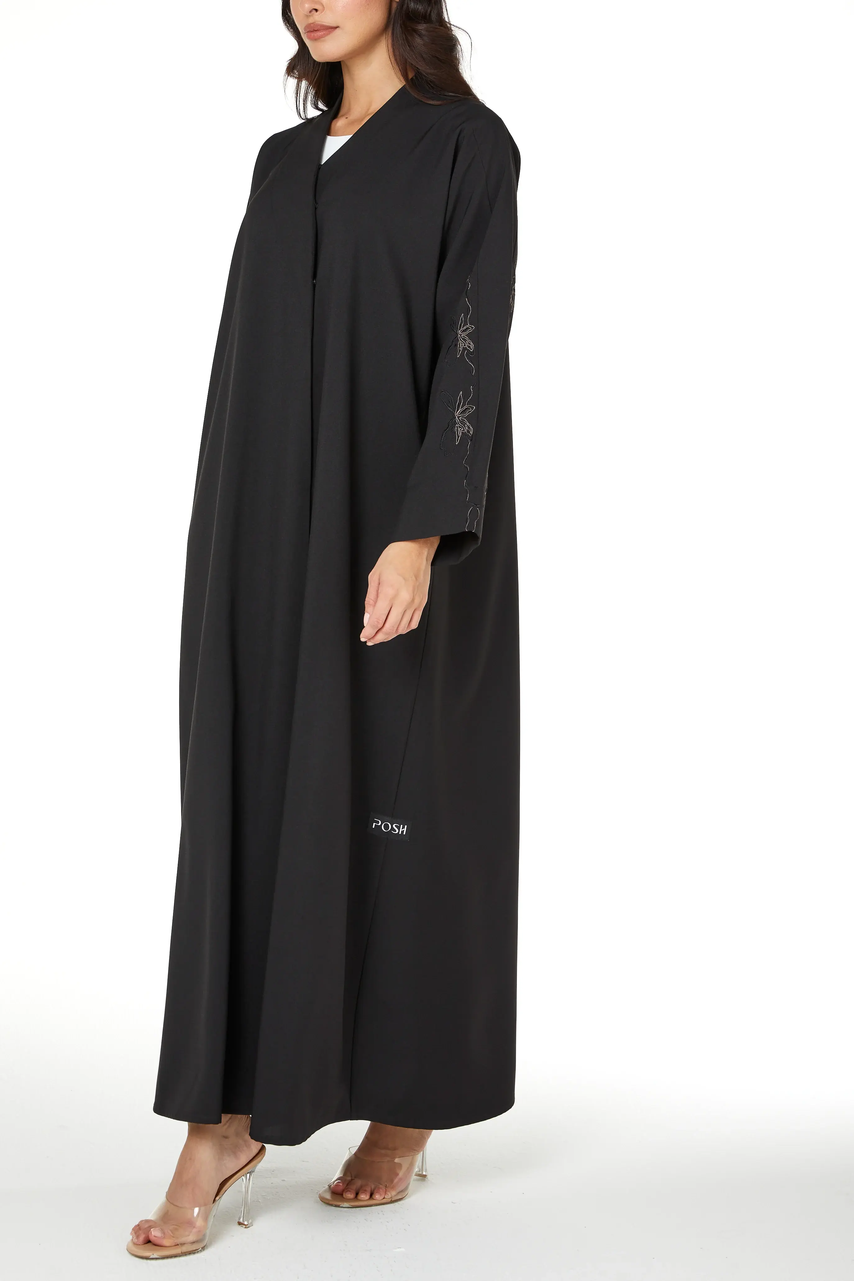Black Kadi Abaya with Sleeve Embroidery Detail