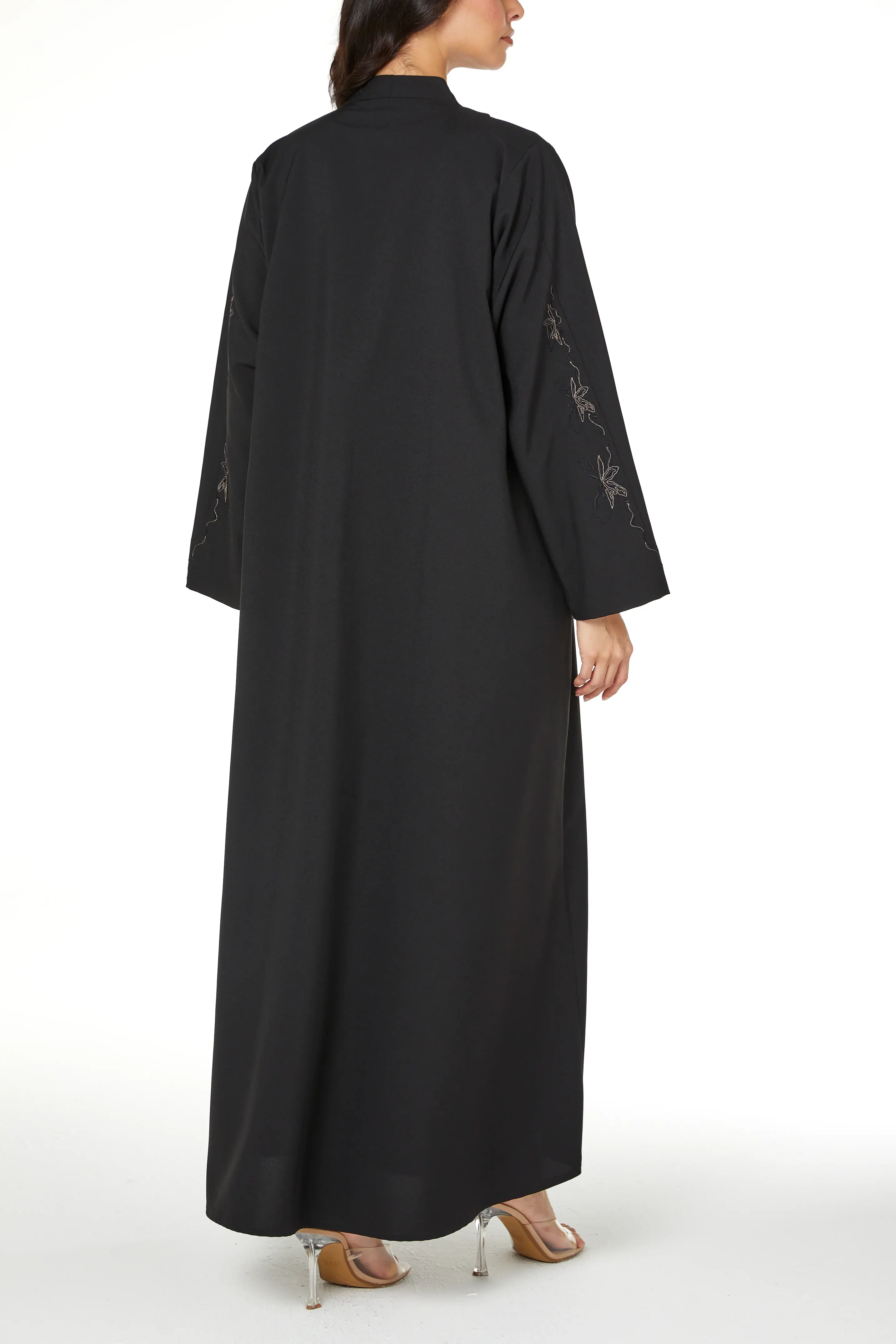 Black Kadi Abaya with Sleeve Embroidery Detail