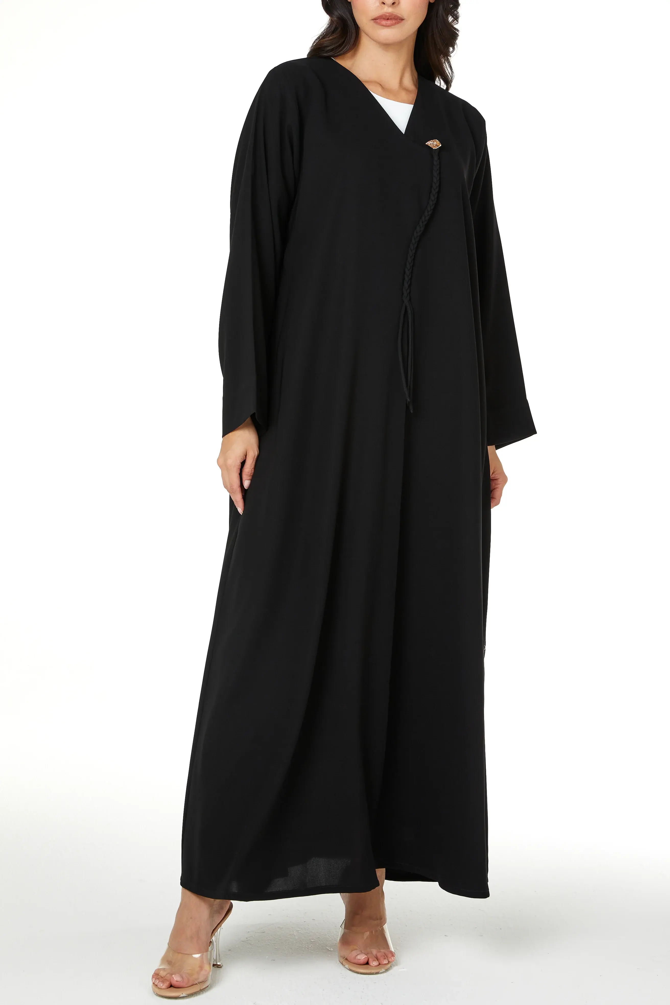 Black Jaime Crepe Abaya with Braided Dori and Button Accent