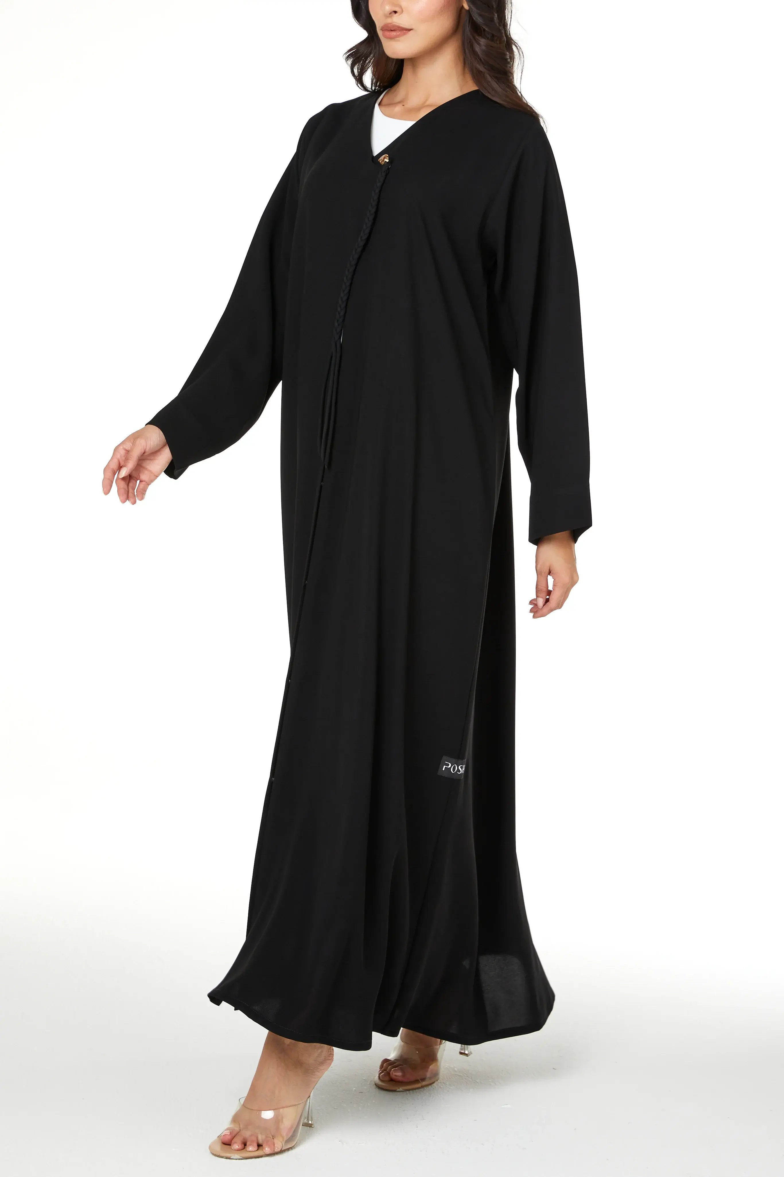 Black Jaime Crepe Abaya with Braided Dori and Button Accent