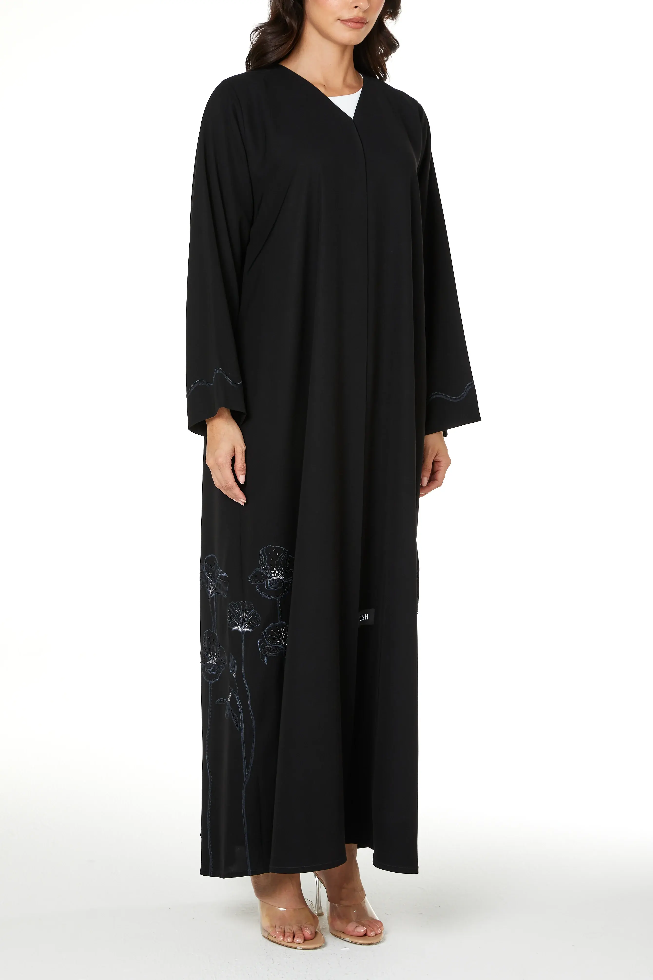 Black Aria Crepe Abaya with Embroidered Detail