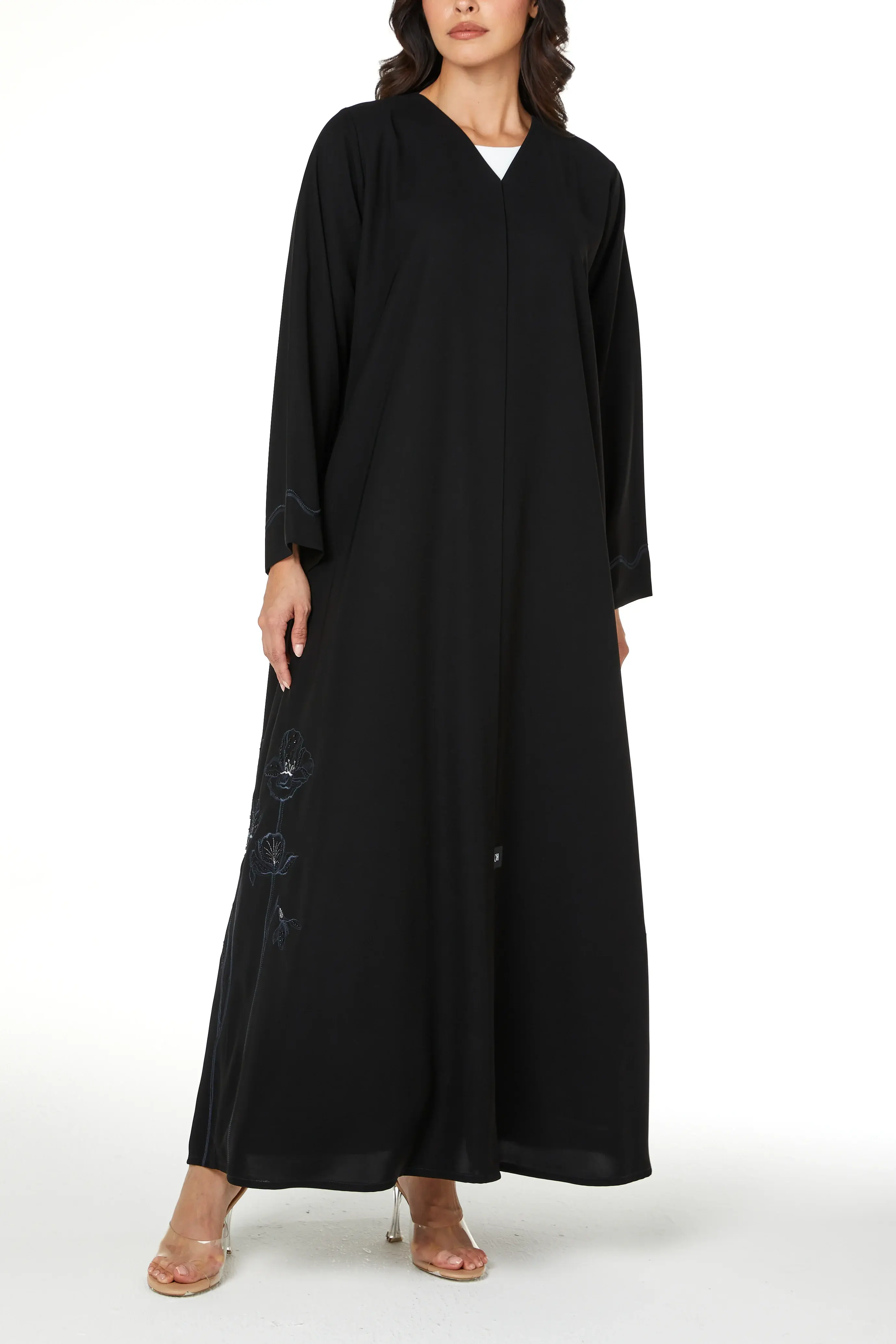 Black Aria Crepe Abaya with Embroidered Detail