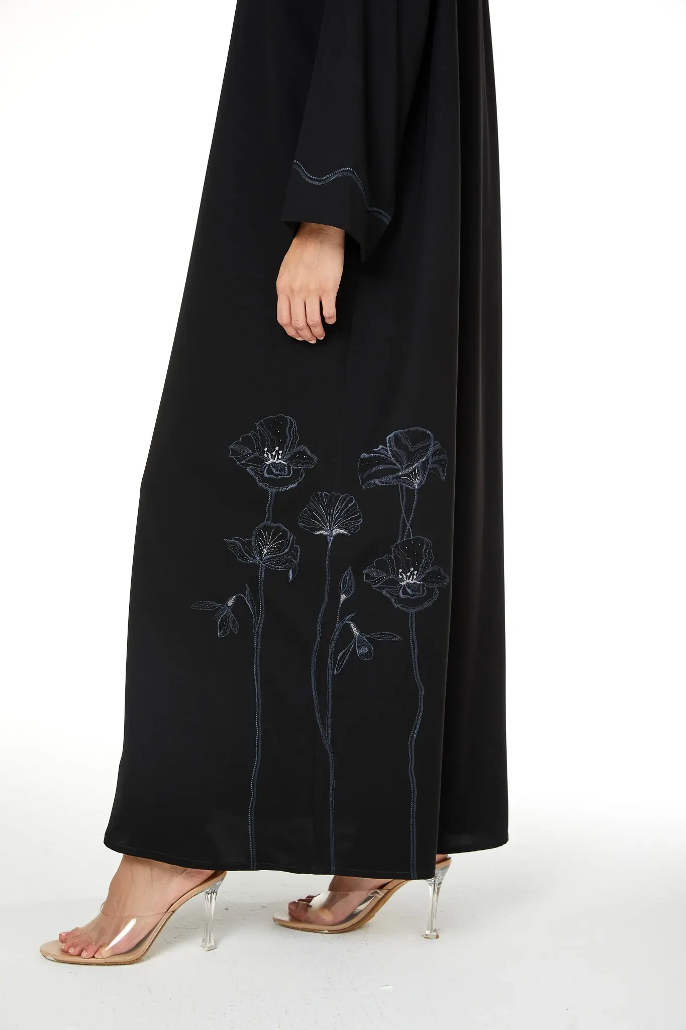 Black Aria Crepe Abaya with Embroidered Detail