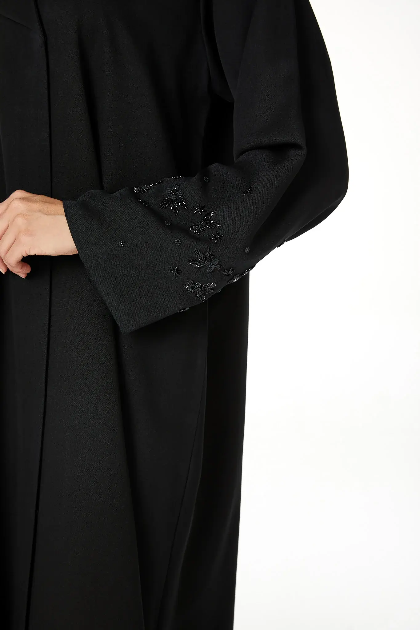 Black Emarati Crepe Abaya with Sleeve Beadwork Detail