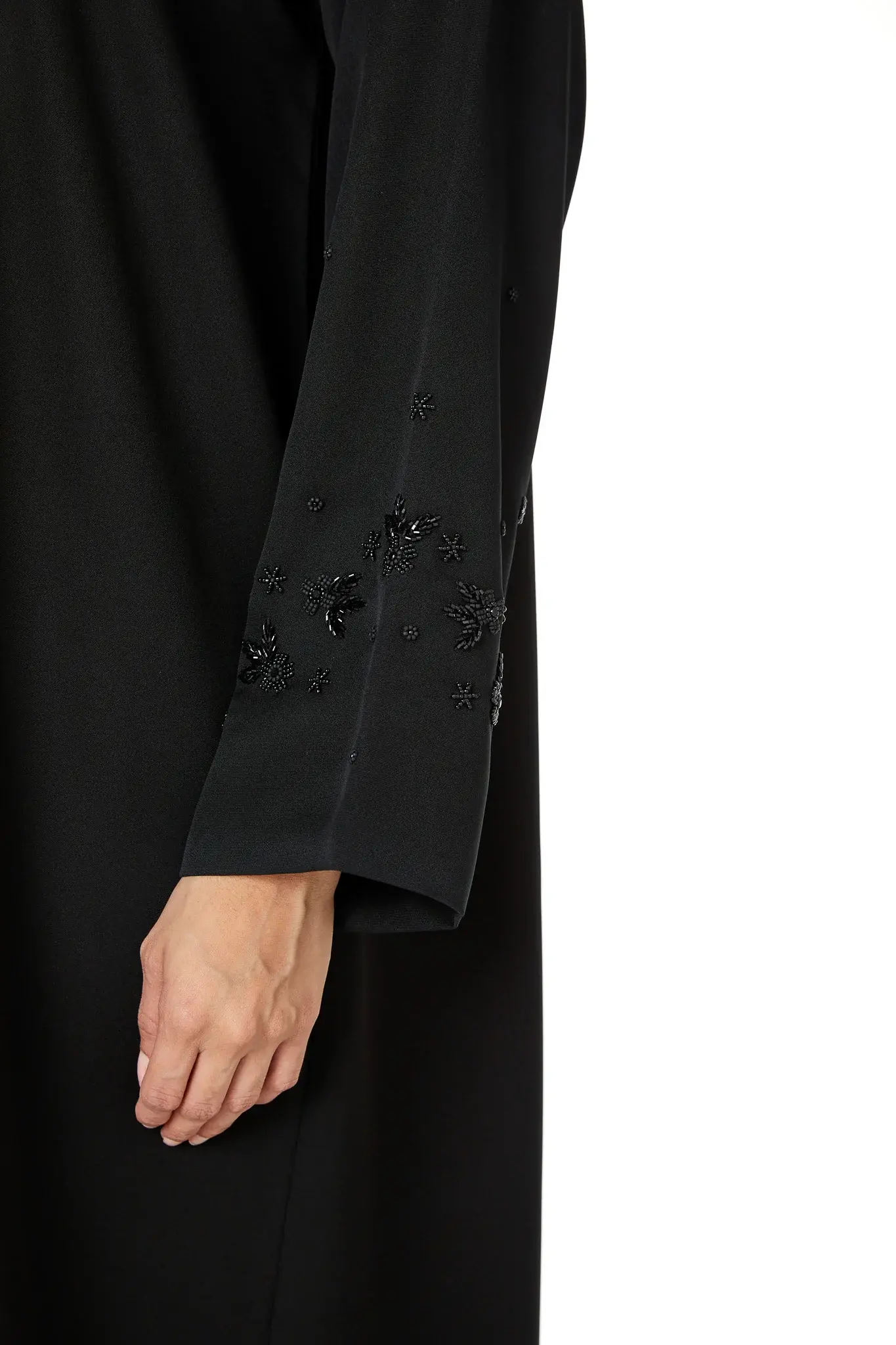 Black Emarati Crepe Abaya with Sleeve Beadwork Detail
