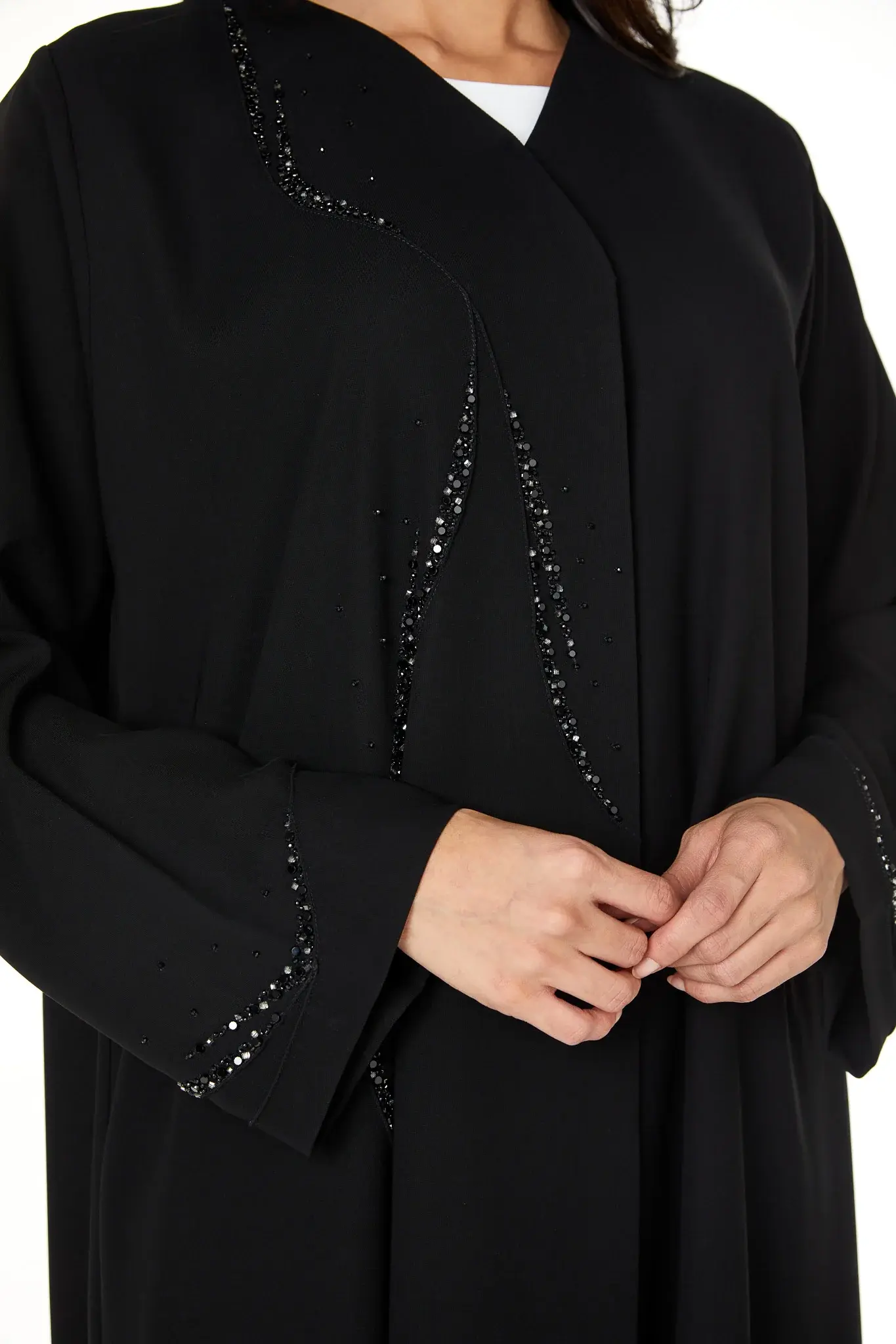 Black jaime crepe, Front Beadwork Pintuck Detail