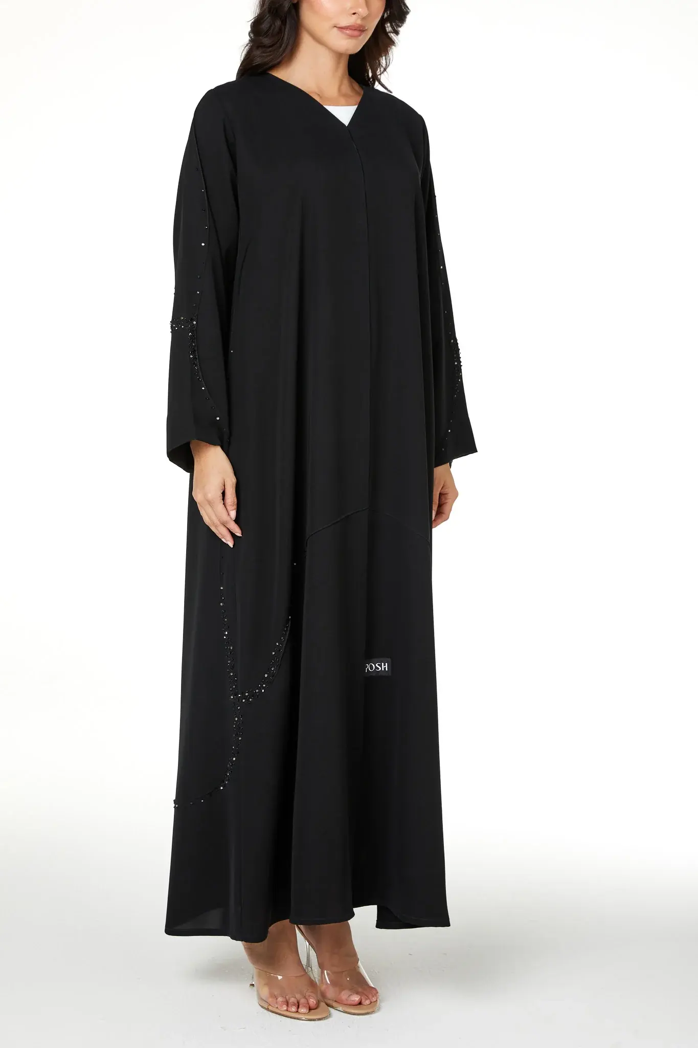 Black Farasha Crepe Abaya with Beaded Curve Detail