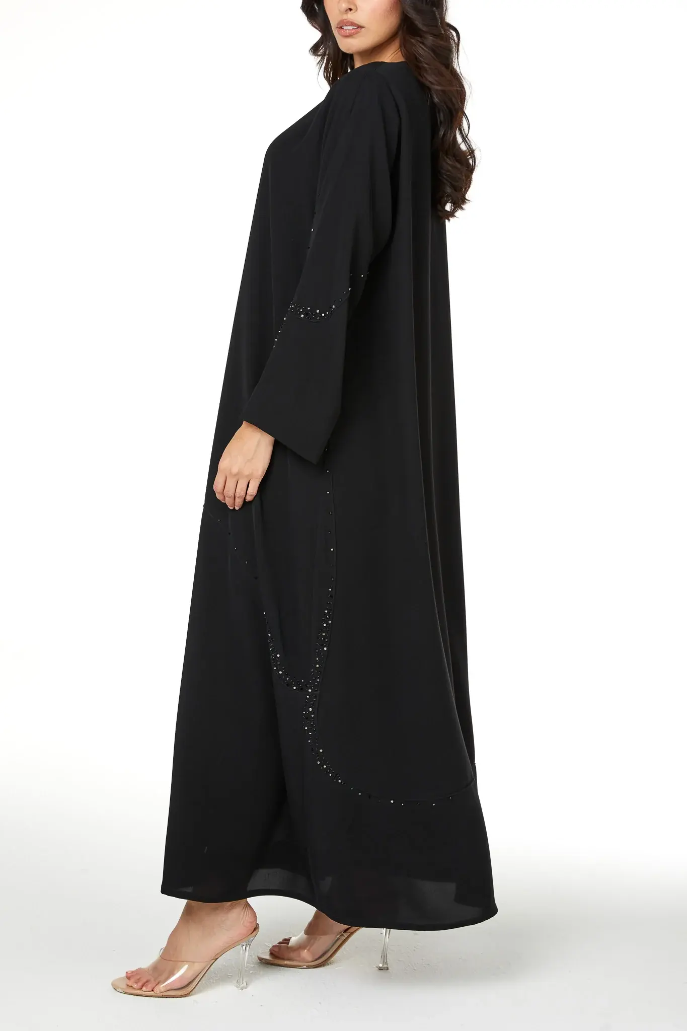 Black Farasha Crepe Abaya with Beaded Curve Detail