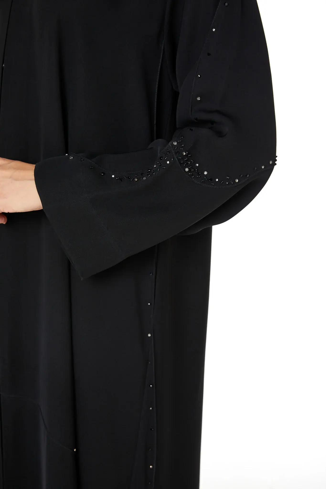Black Farasha Crepe Abaya with Beaded Curve Detail