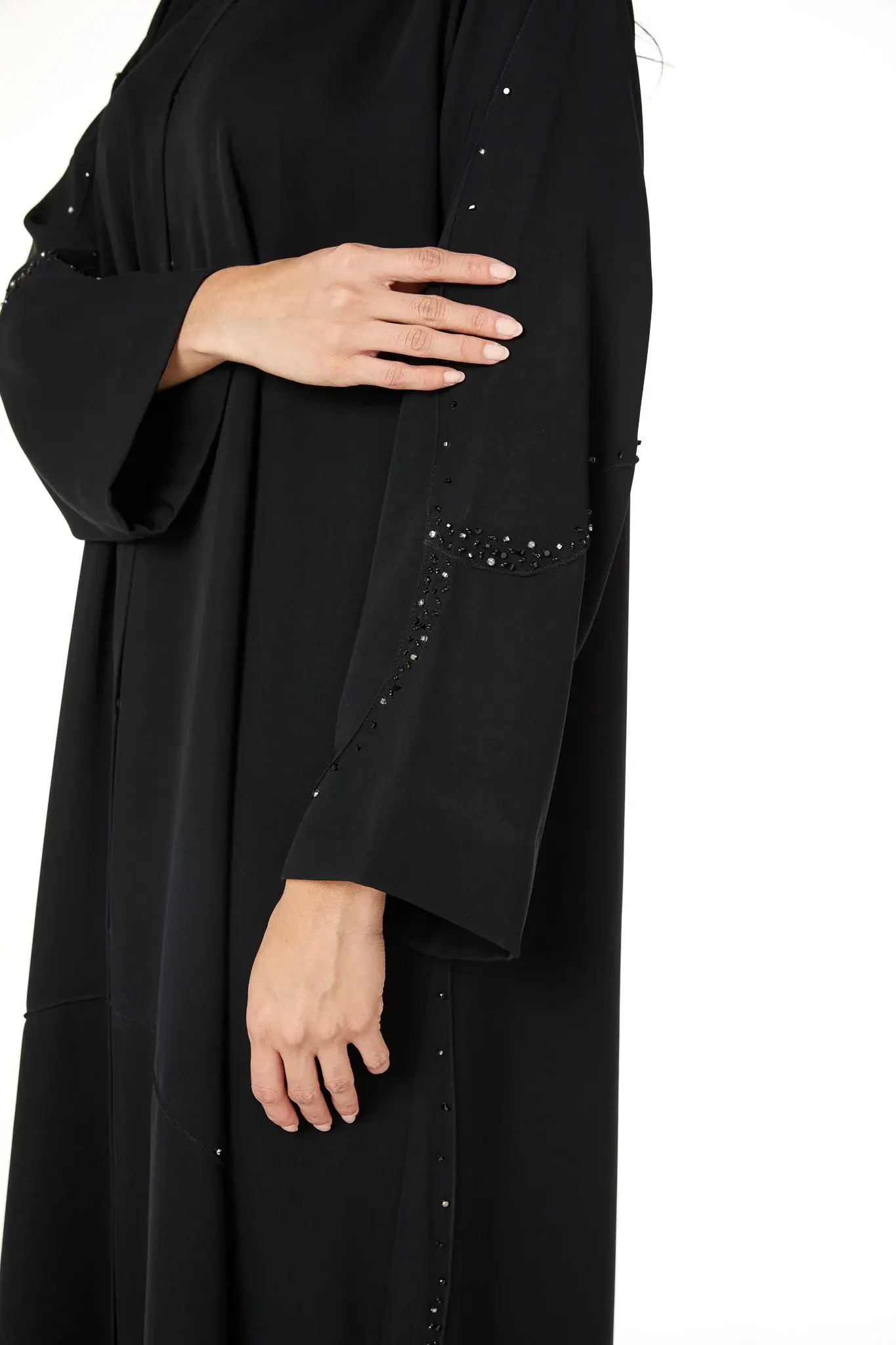 Black Farasha Crepe Abaya with Beaded Curve Detail