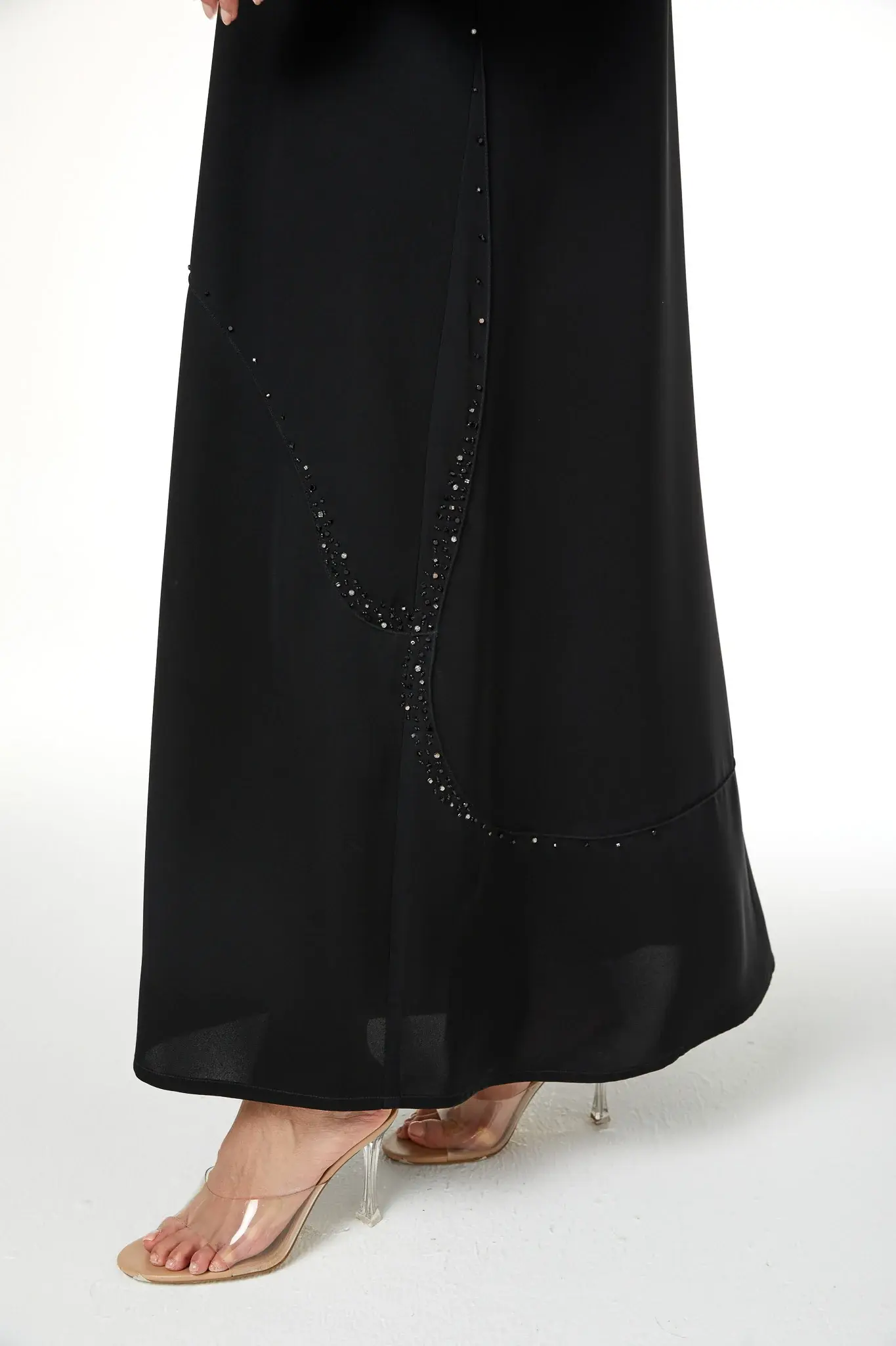 Black Farasha Crepe Abaya with Beaded Curve Detail