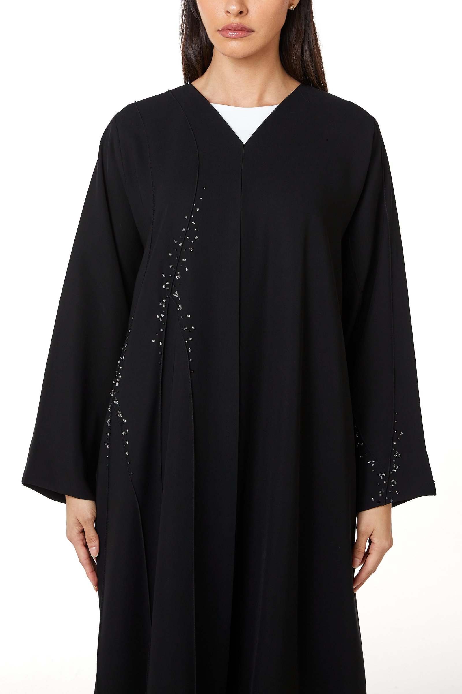 Black jaime crepe, Front Beadwork Pintuck Detail