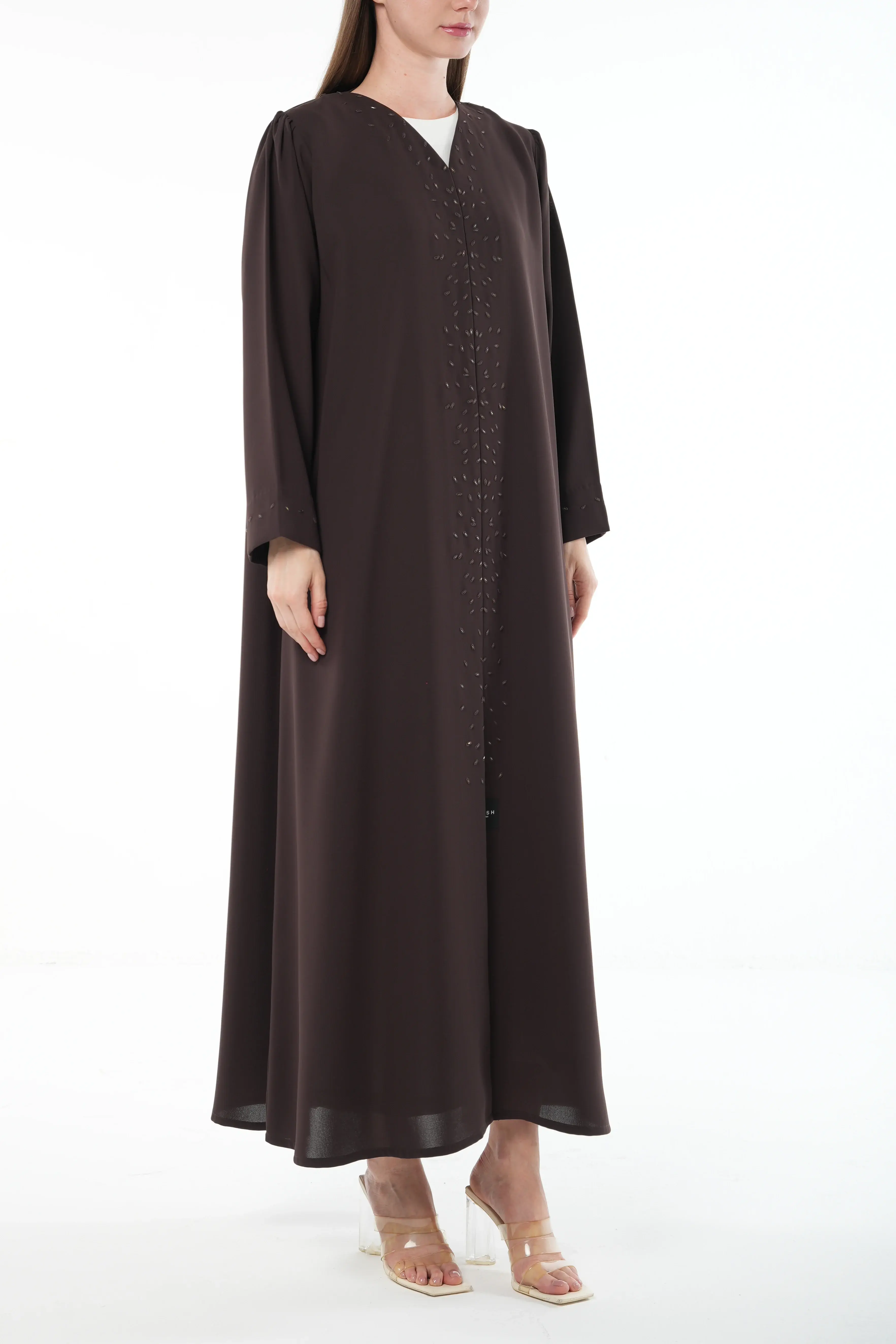 Brown Wave Crepe Abaya with Beadwork Embroidery