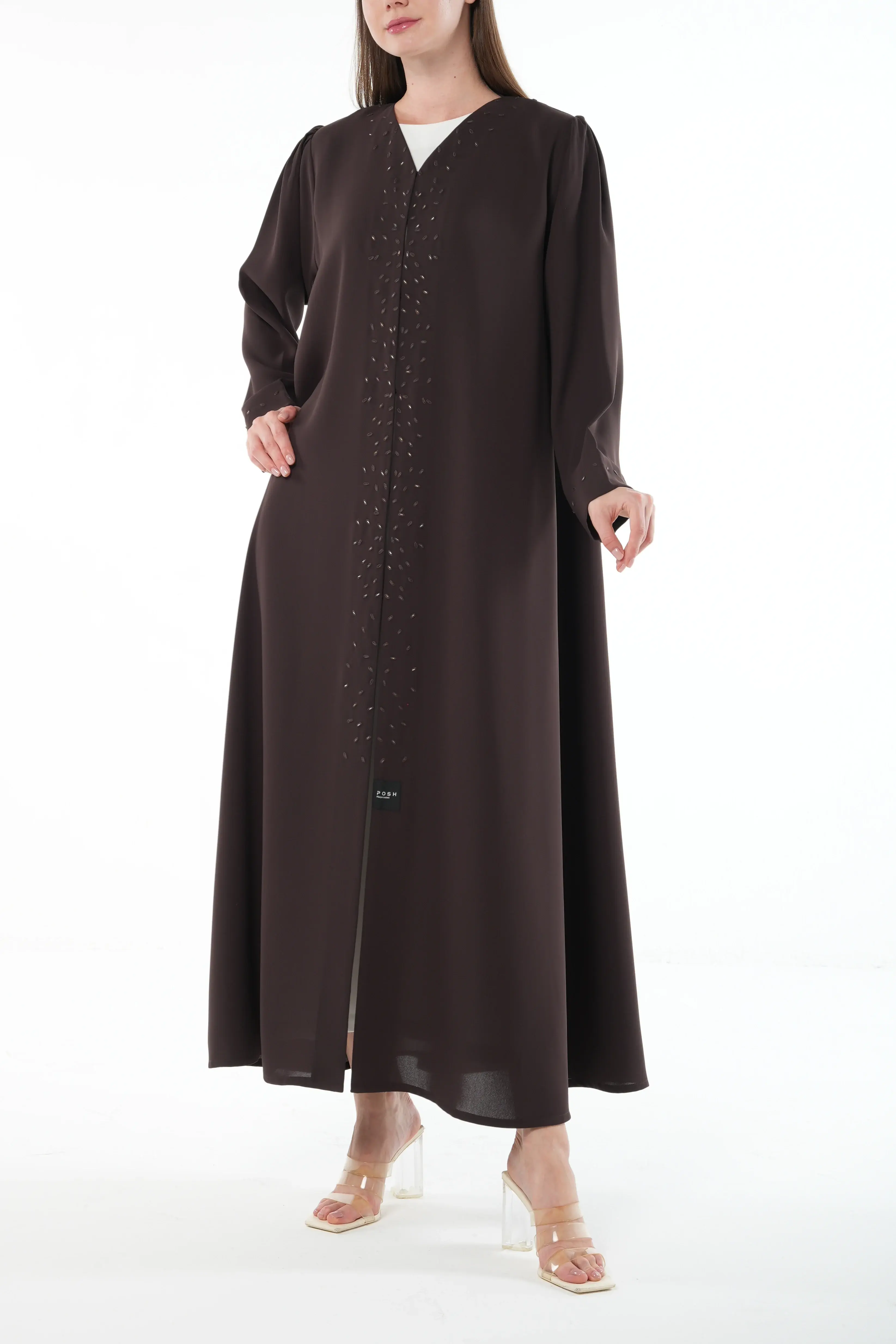 Brown Wave Crepe Abaya with Beadwork Embroidery