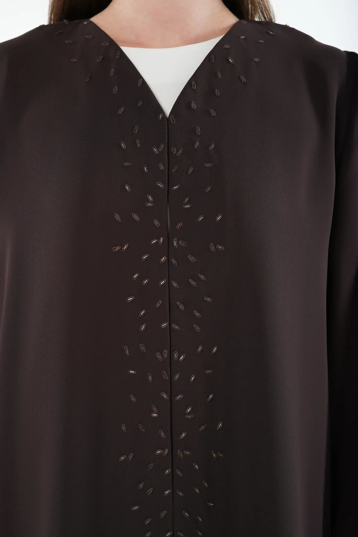 Brown Wave Crepe Abaya with Beadwork Embroidery
