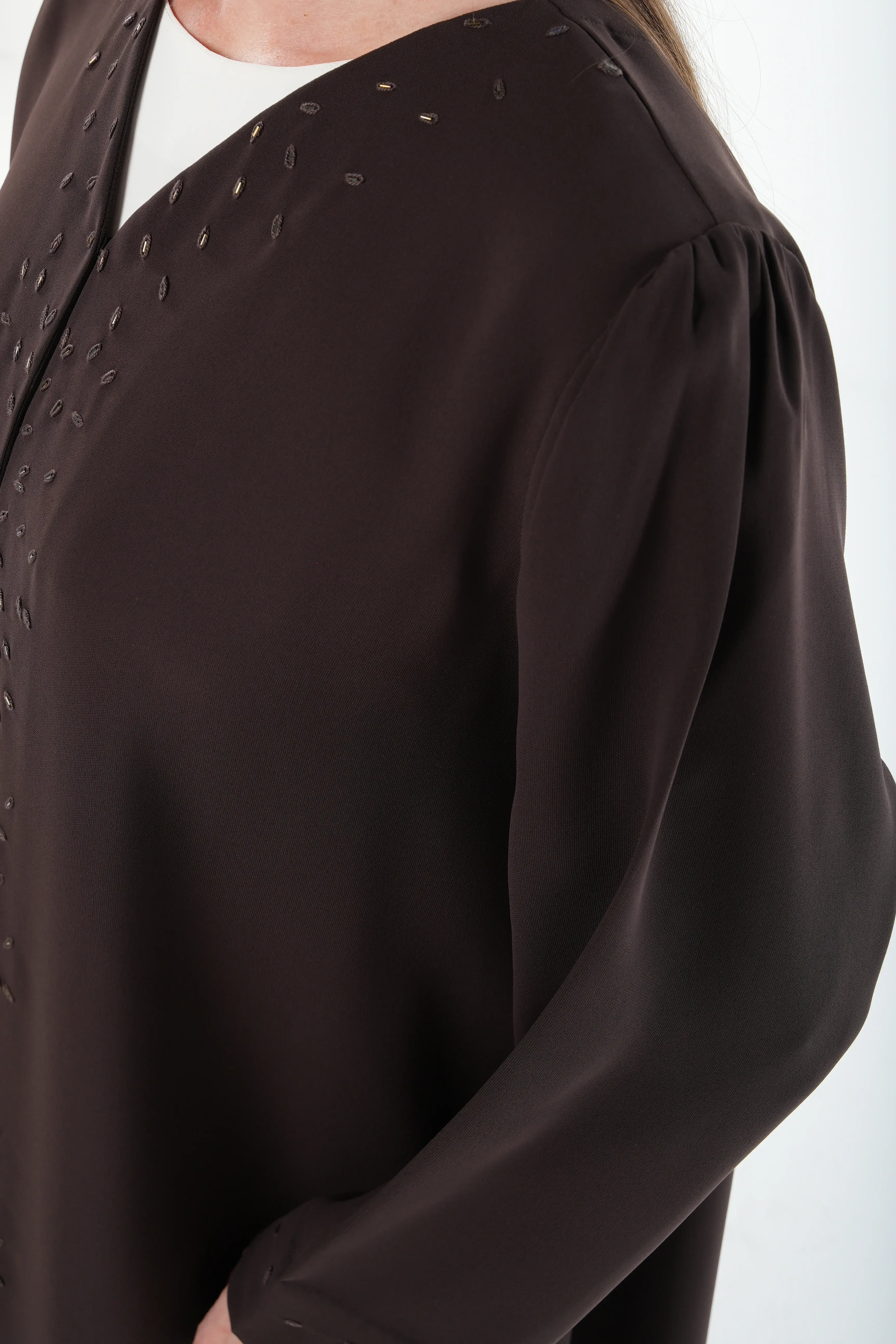 Brown Wave Crepe Abaya with Beadwork Embroidery